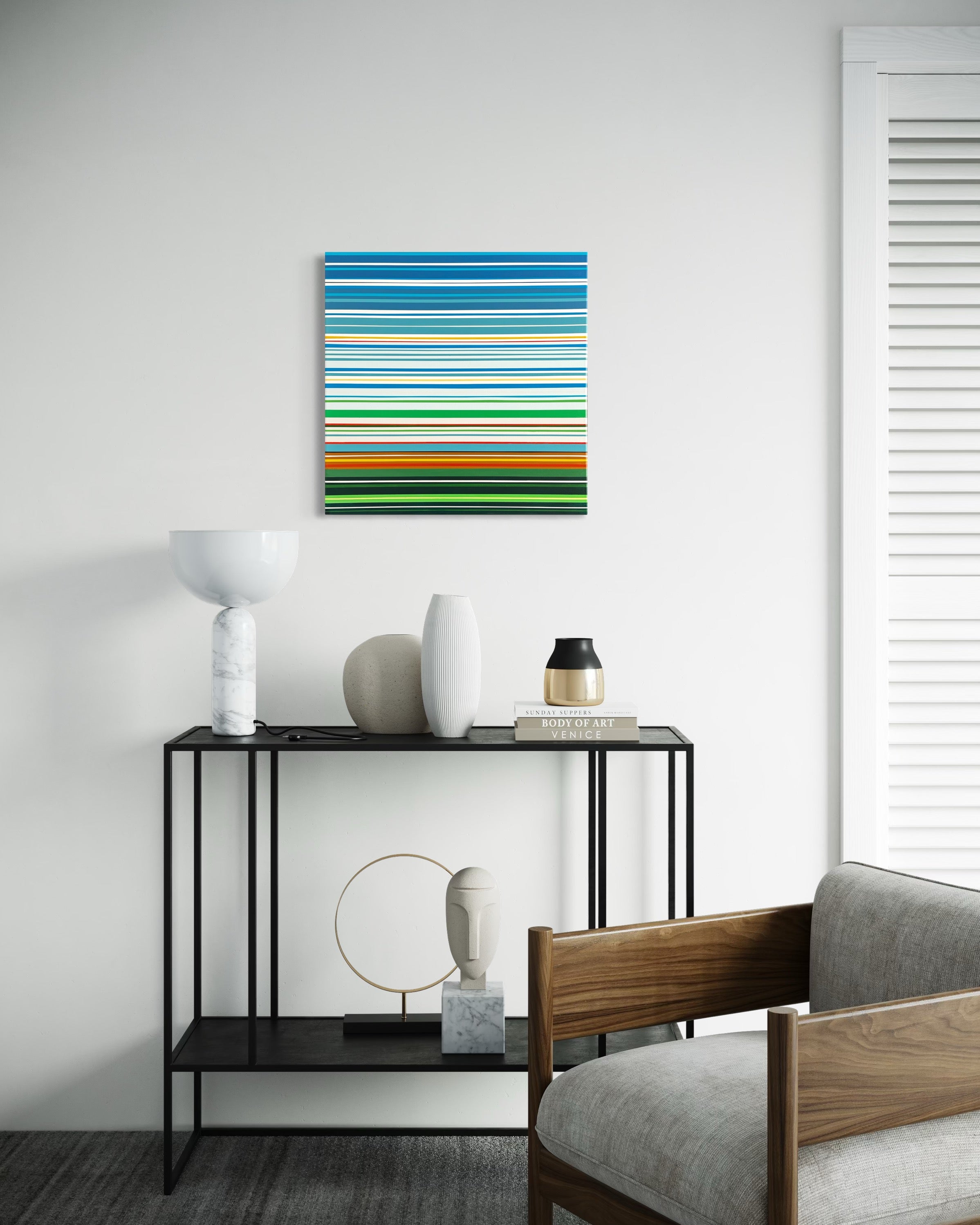 Modern interior with a console table and abstract painting on the wall