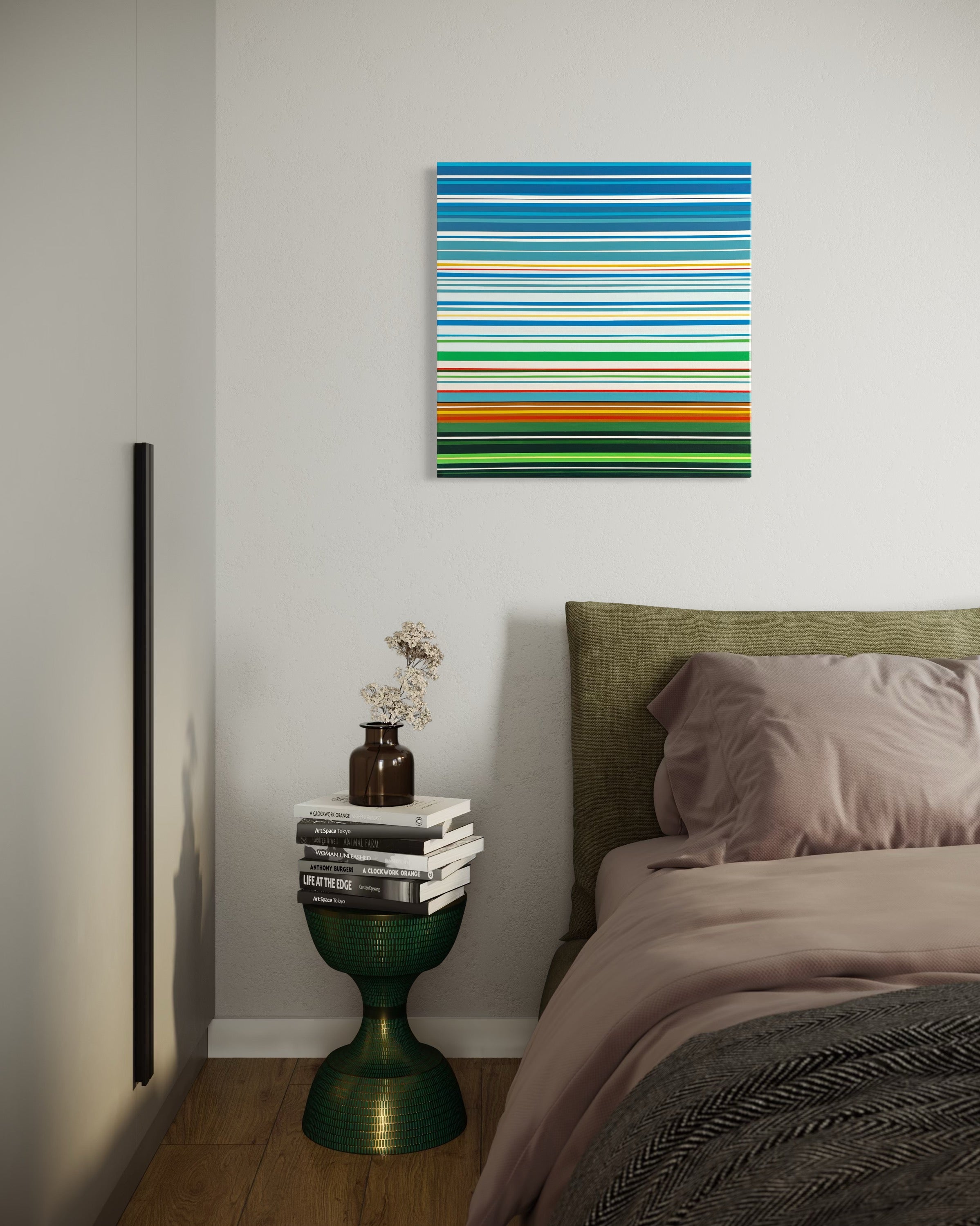 Colorful striped painting on a wall above a bed in a bedroom.