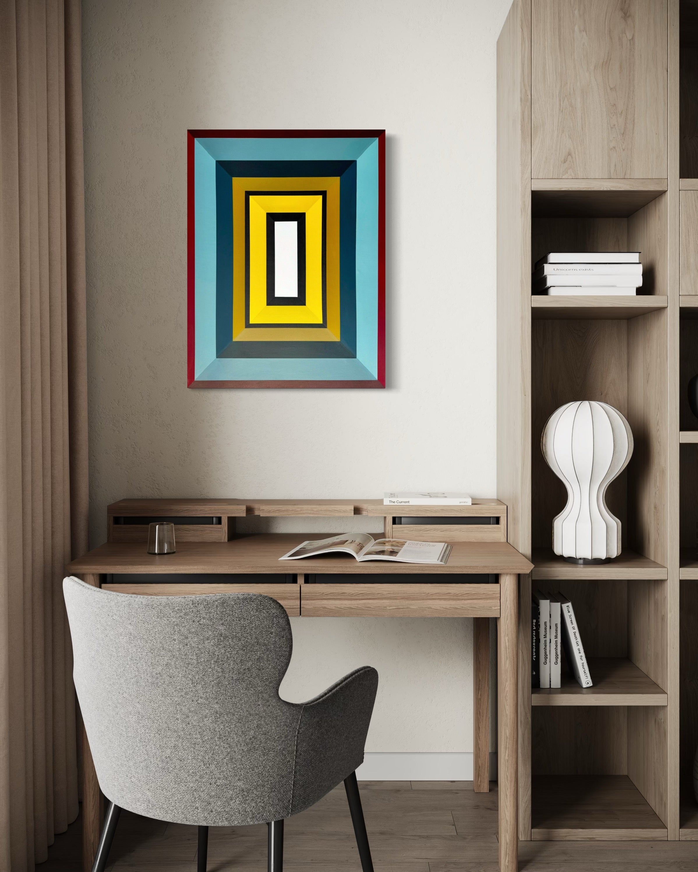 Modern home office with wooden desk, chair, and bookshelf.