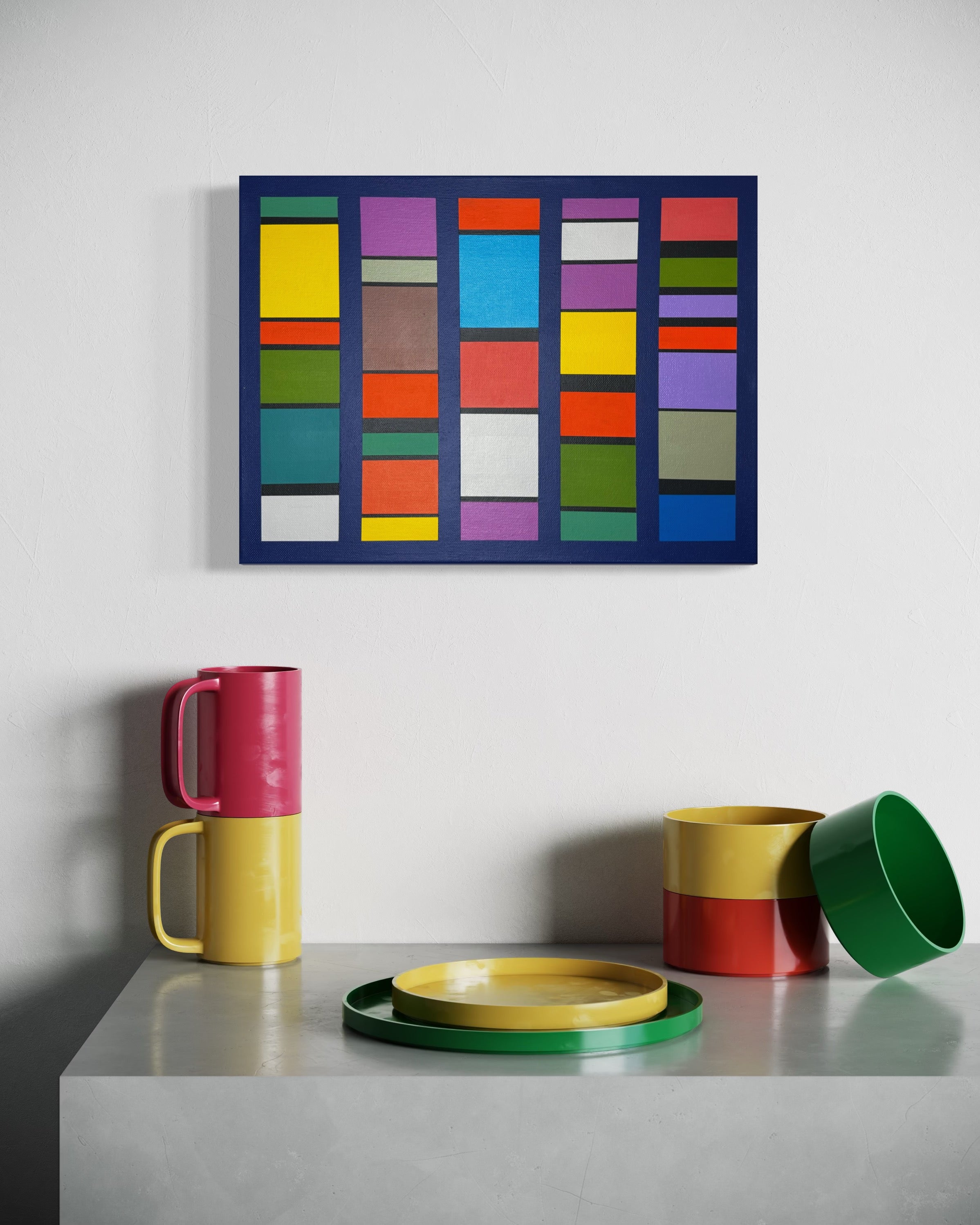 Colorful ceramic mugs and a plate on a gray surface with abstract "Pulse-Patterns" art in the background.