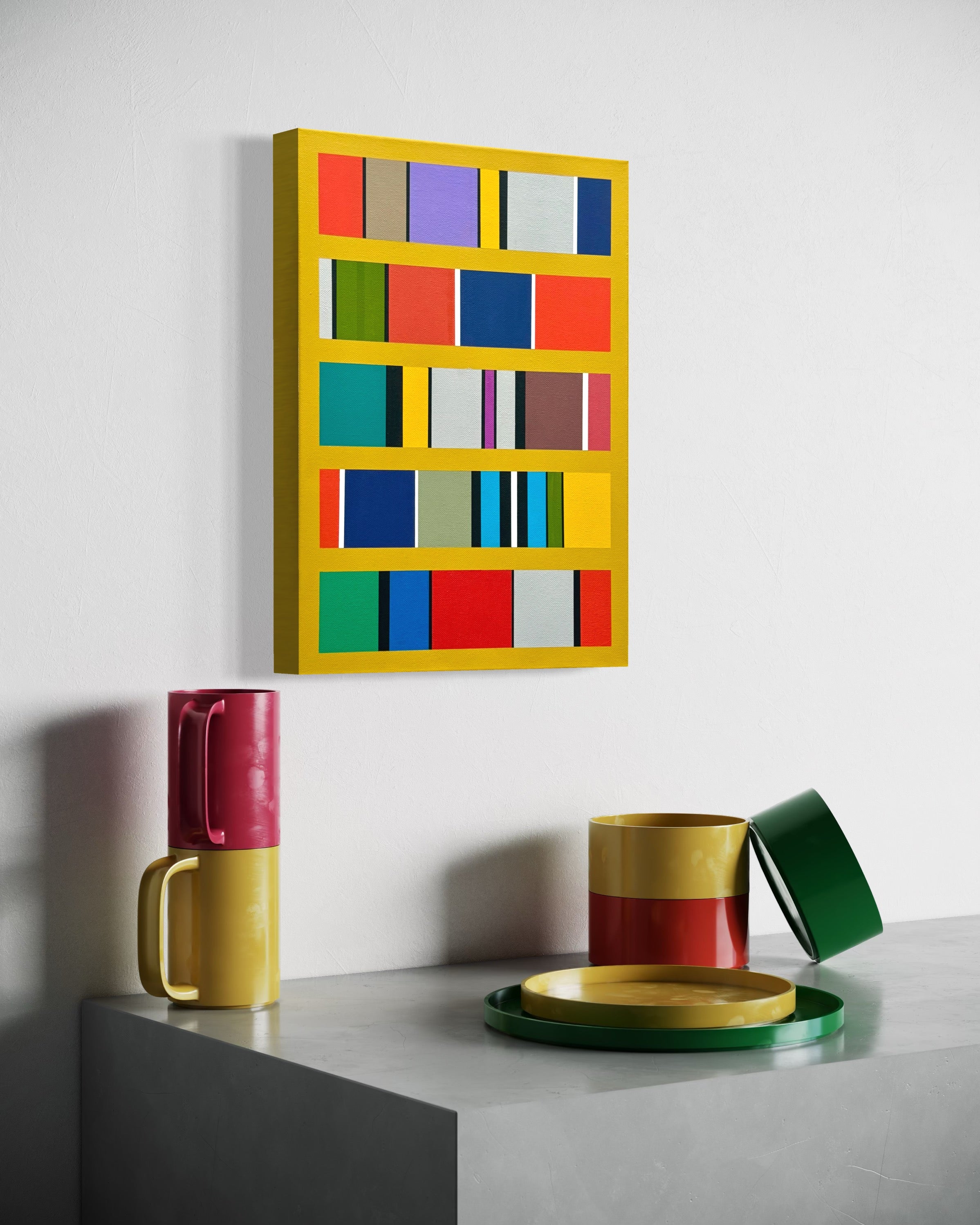 Colorful geometric "Continuum" painting and tableware on a white surface with a white background
