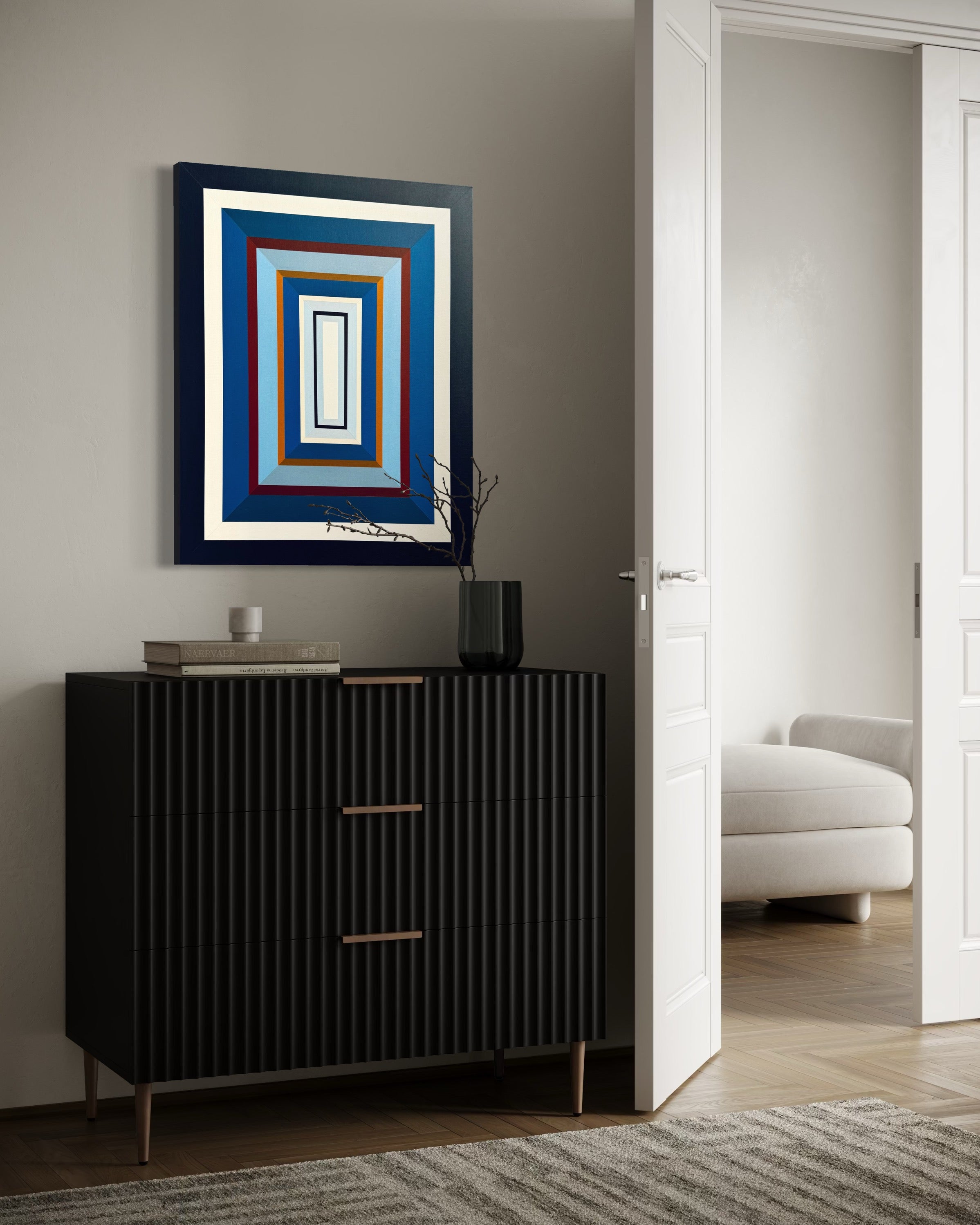 The cool blue tones of Elena Alexander's "Denim-III" painting create an elegant focal point above a dark, textured wood console table in a modern hallway.
