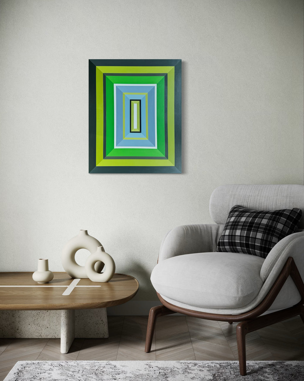 Modern living room with a geometric abstract painting on the wall, a white armchair, and a wooden coffee table.