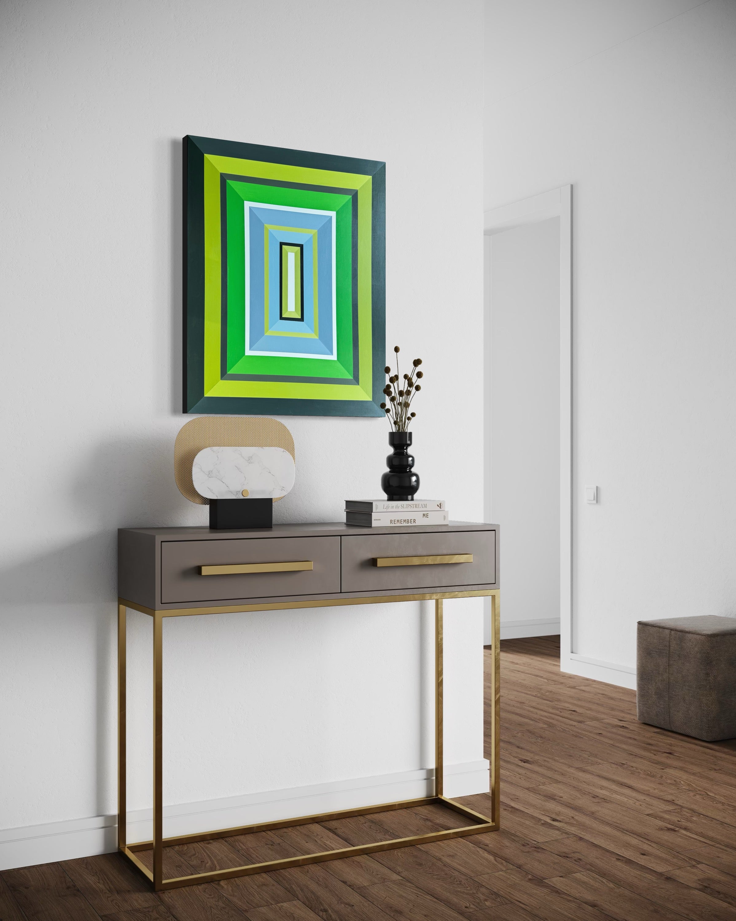 Console table with decorative items and a colorful abstract painting in a modern interior setting.