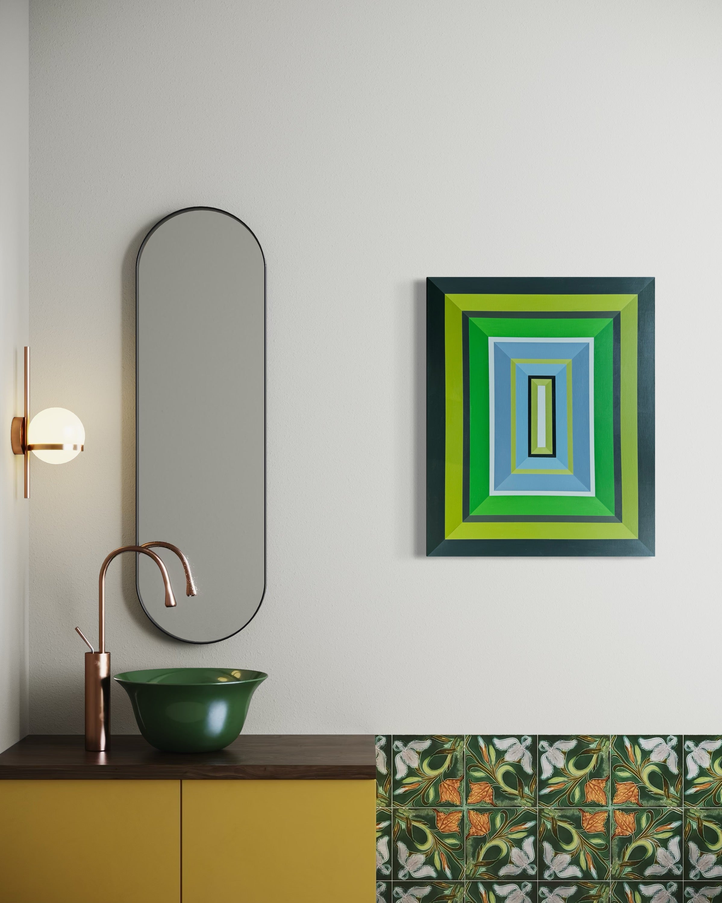 Bathroom interior with a mirror, sink, and decorative wall art.