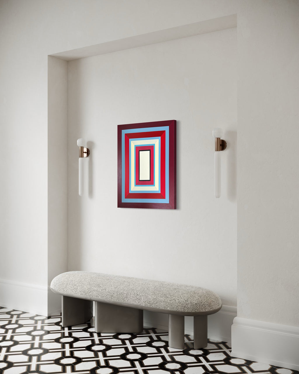 The vertical "Lady in Red" painting adding a bold splash of color to a chic, modern room with a geometric floor tiles and a stylish bench.
