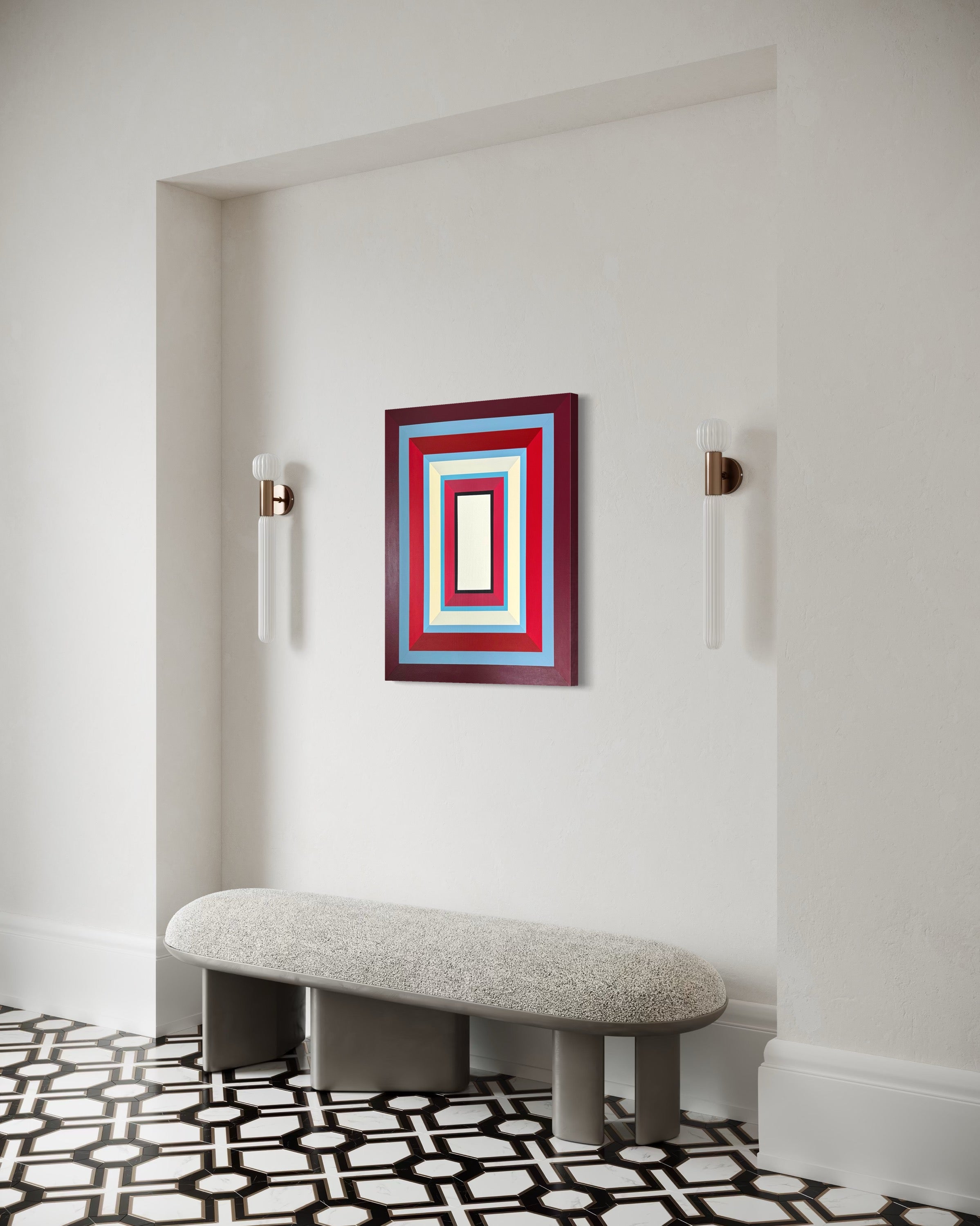 The vertical "Lady in Red" painting adding a bold splash of color to a chic, modern room with a geometric floor tiles and a stylish bench.