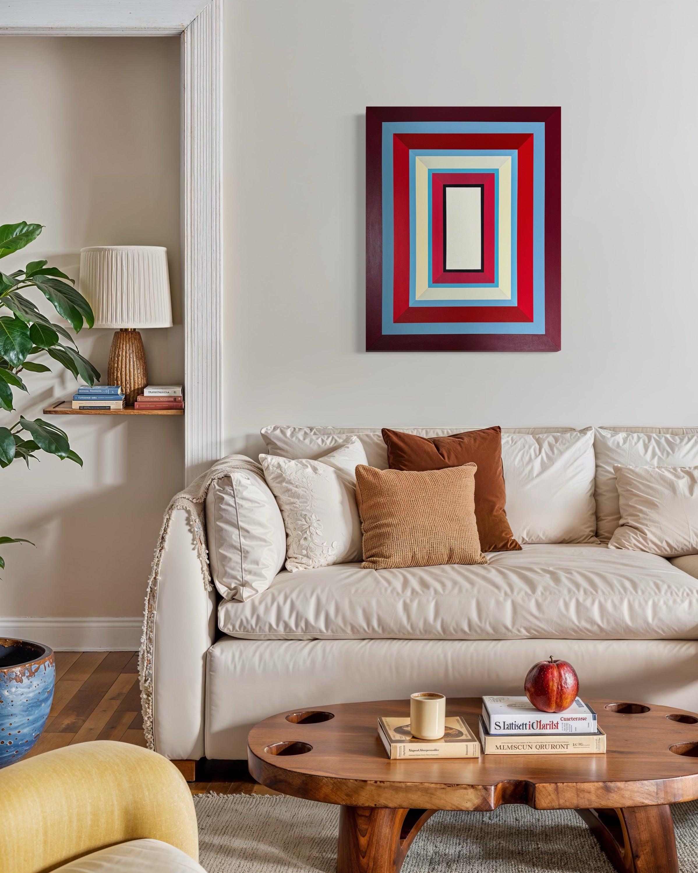 The "Lady in Red" geometric artwork styled above a cozy, neutral-toned sofa, serving as a vibrant focal point in a contemporary living room.