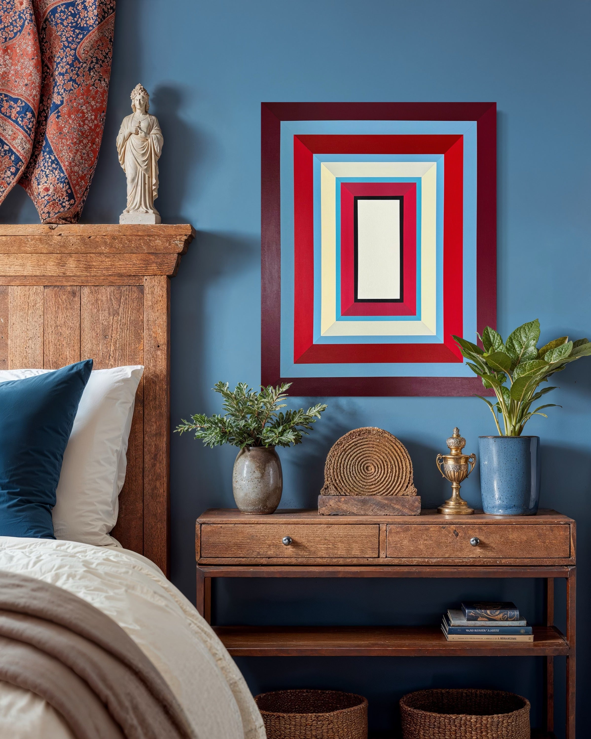 The crimson hues of the "Lady in Red" painting creating a striking contrast against a deep blue accent wall in a stylish, modern living space.