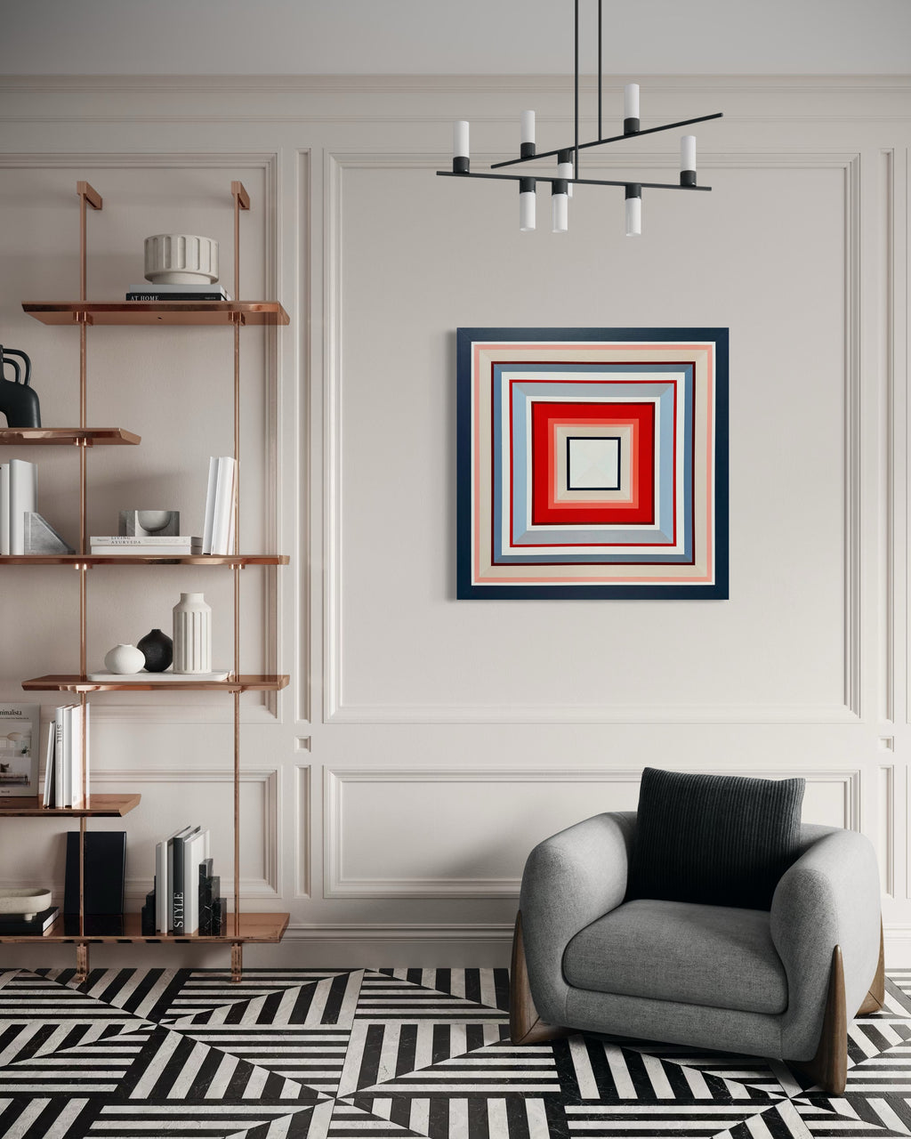 "In Other Words" painting shown in a sophisticated modern room, its square composition echoing the bold geometric black-and-white pattern of the floor.
