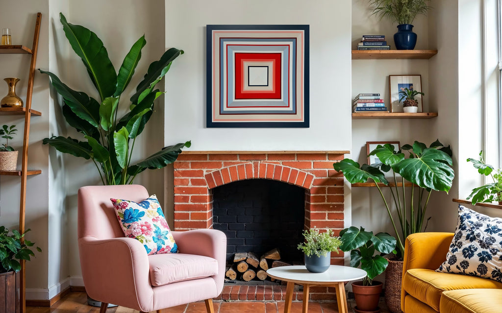Elena Alexander's geometric art "In Other Words" adds a modern touch to a cozy living room, hung above a classic brick fireplace between lush green plants.