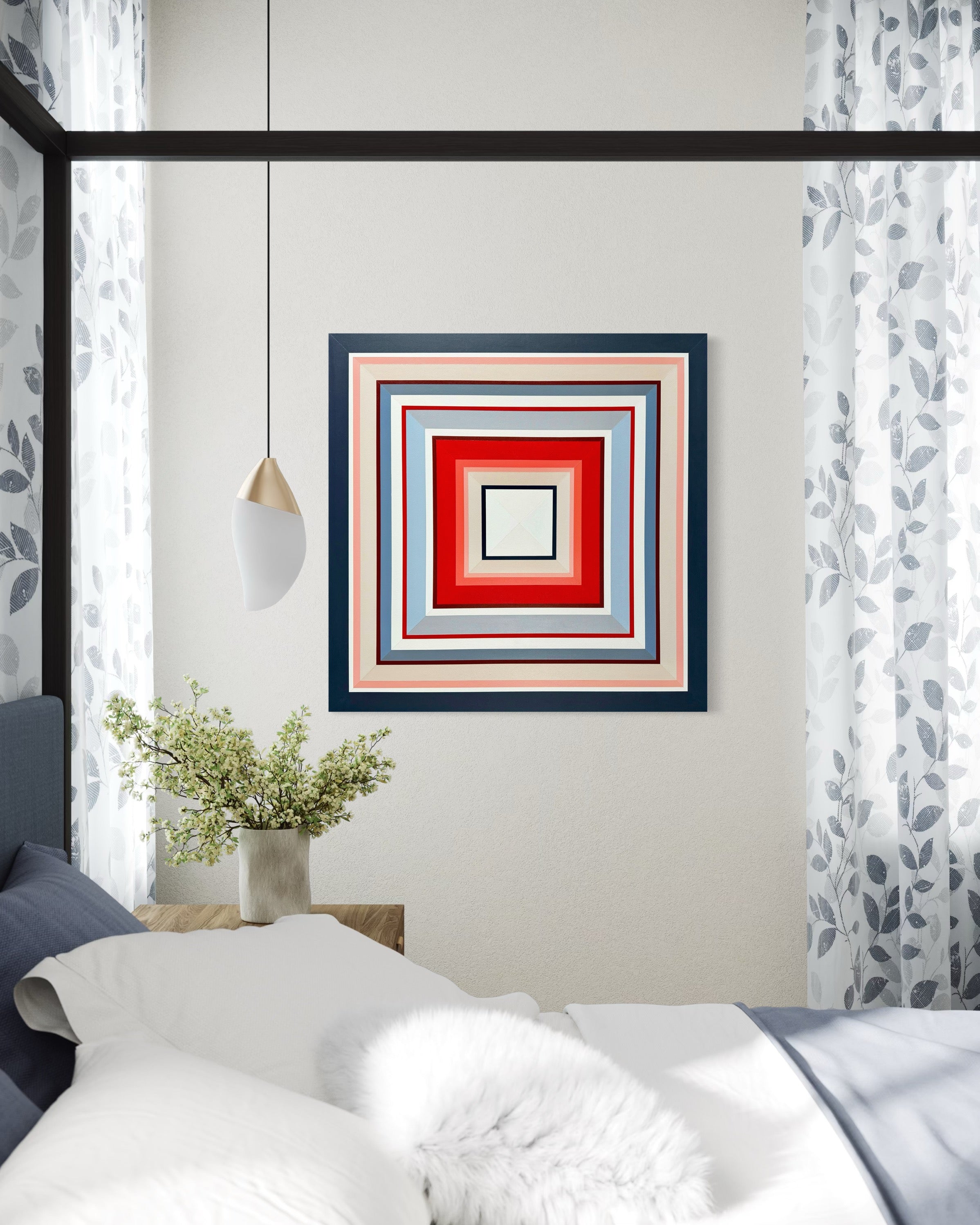 The calming geometric artwork "In Other Words" shown in a bright and airy bedroom setting, creating a peaceful ambiance above a bedside table.