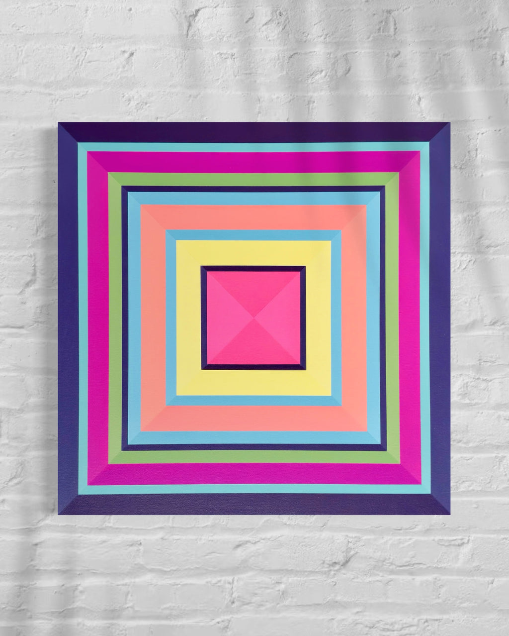 A full, straight-on view of the "Havana" painting on a light background, showcasing its precise geometric composition and joyful color palette.