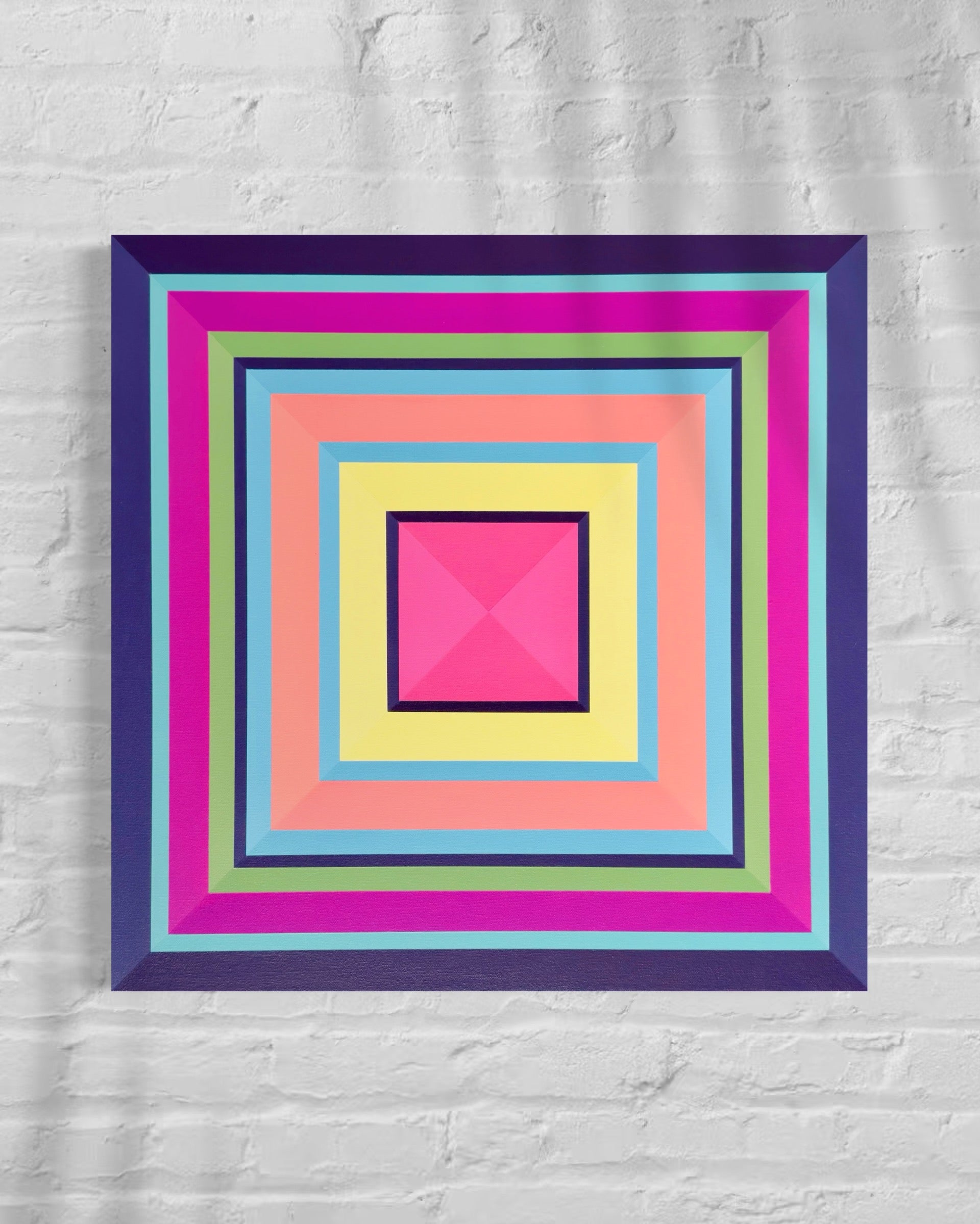 A full, straight-on view of the "Havana" painting on a light background, showcasing its precise geometric composition and joyful color palette.