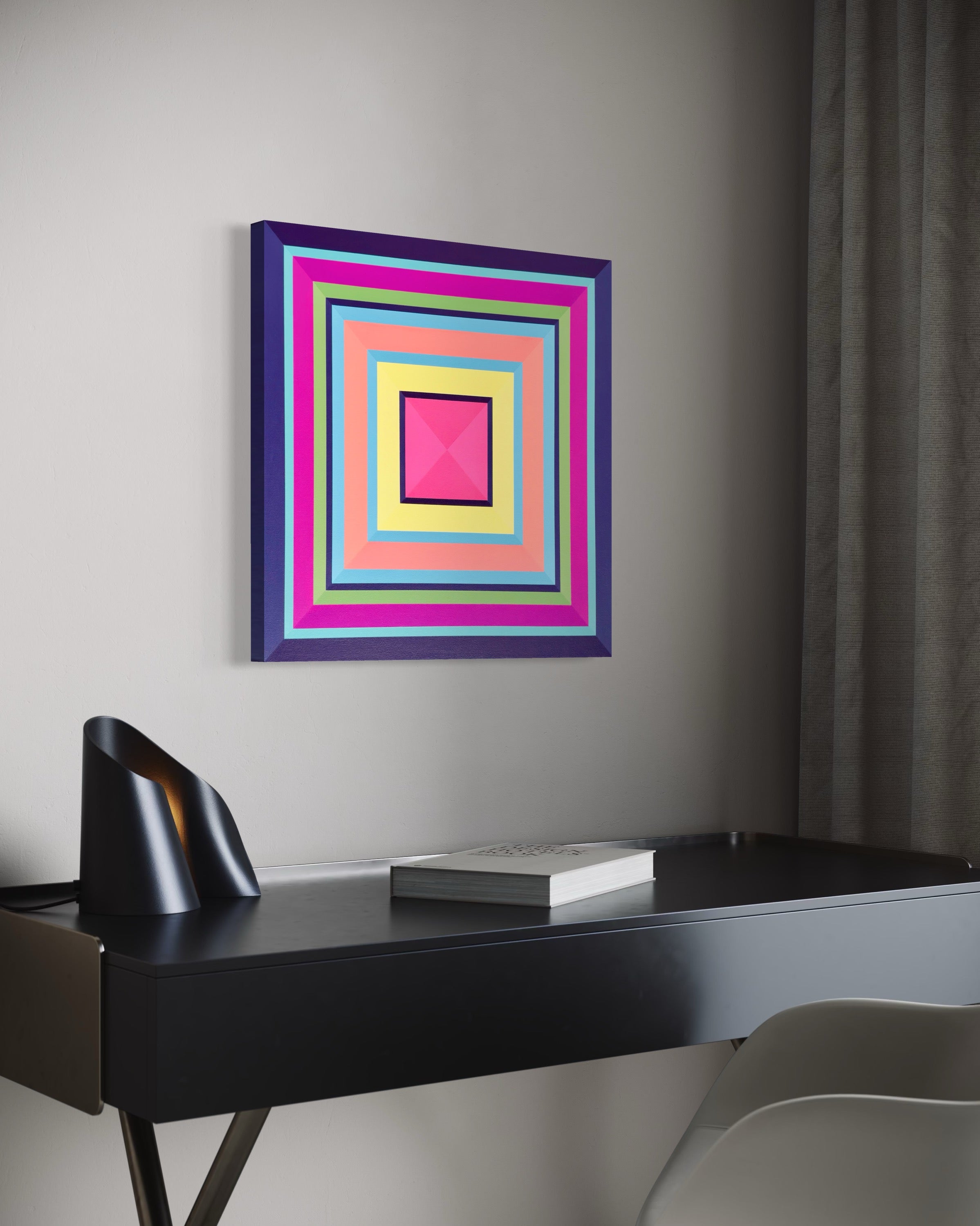The vibrant "Havana" painting creating a powerful pop of color on a dark, moody accent wall above a modern black leather chair.