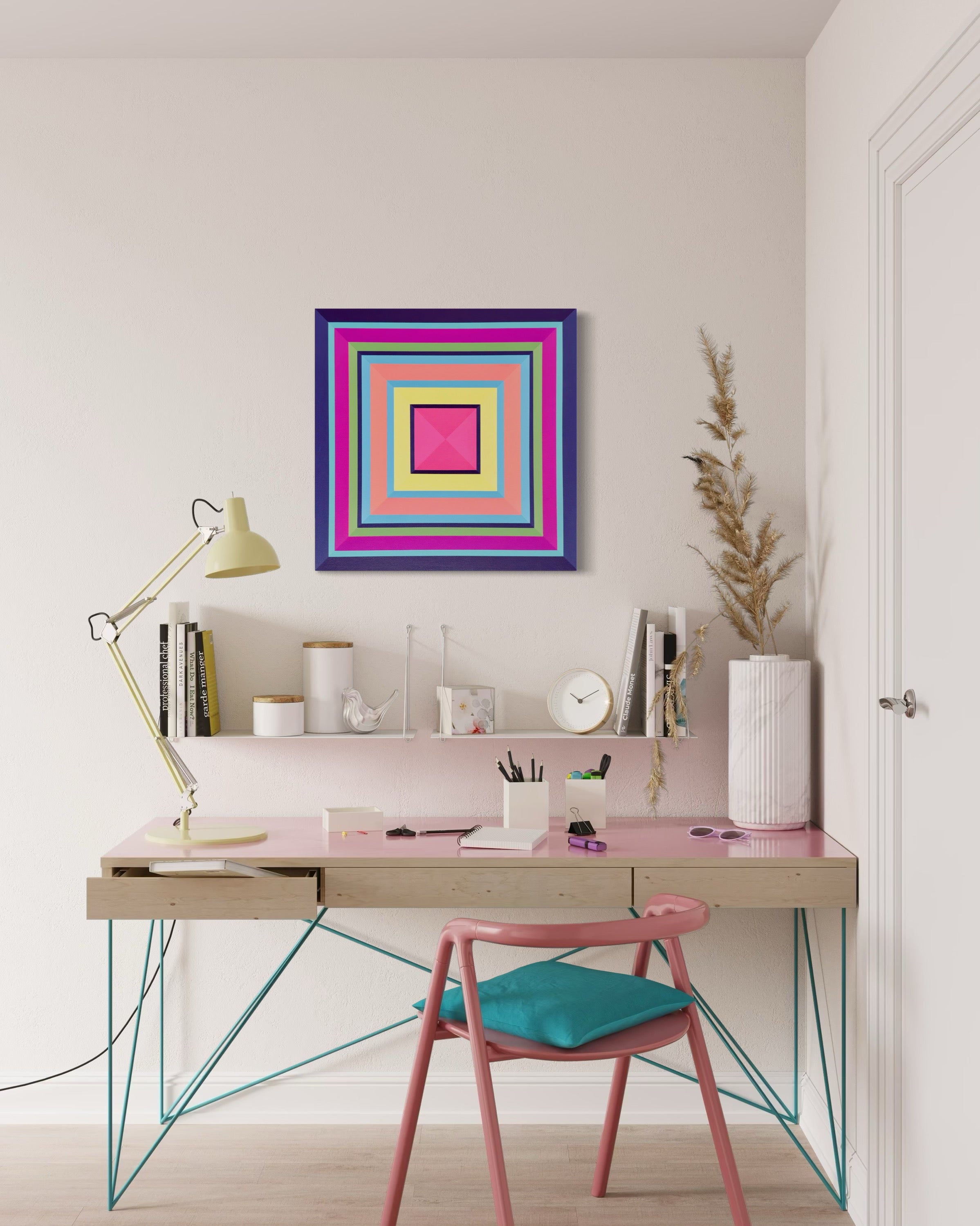 The tropical colors of the "Havana" artwork complementing a bright and cheerful home office with a white desk and a pink chair.