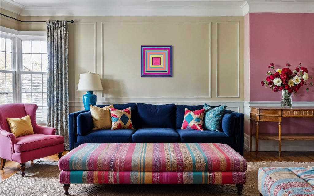 Elena Alexander's "Havana" painting styled in a vibrant living room, its colors popping against a warm terracotta wall and a navy blue sofa.