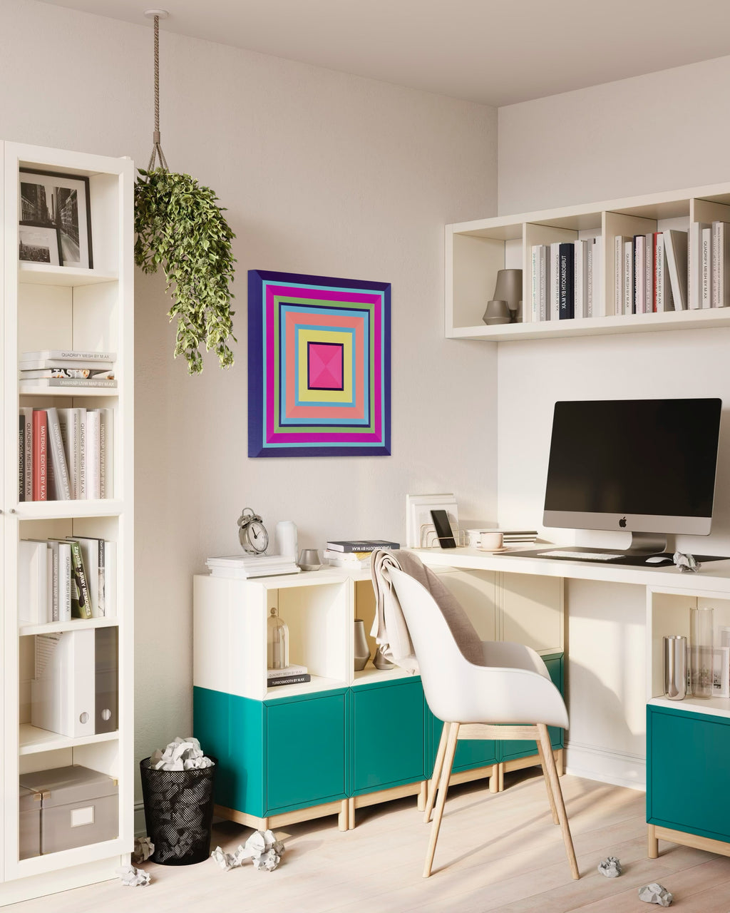 Modern home office with teal storage unit, white desk, and colorful abstract art on the wall.