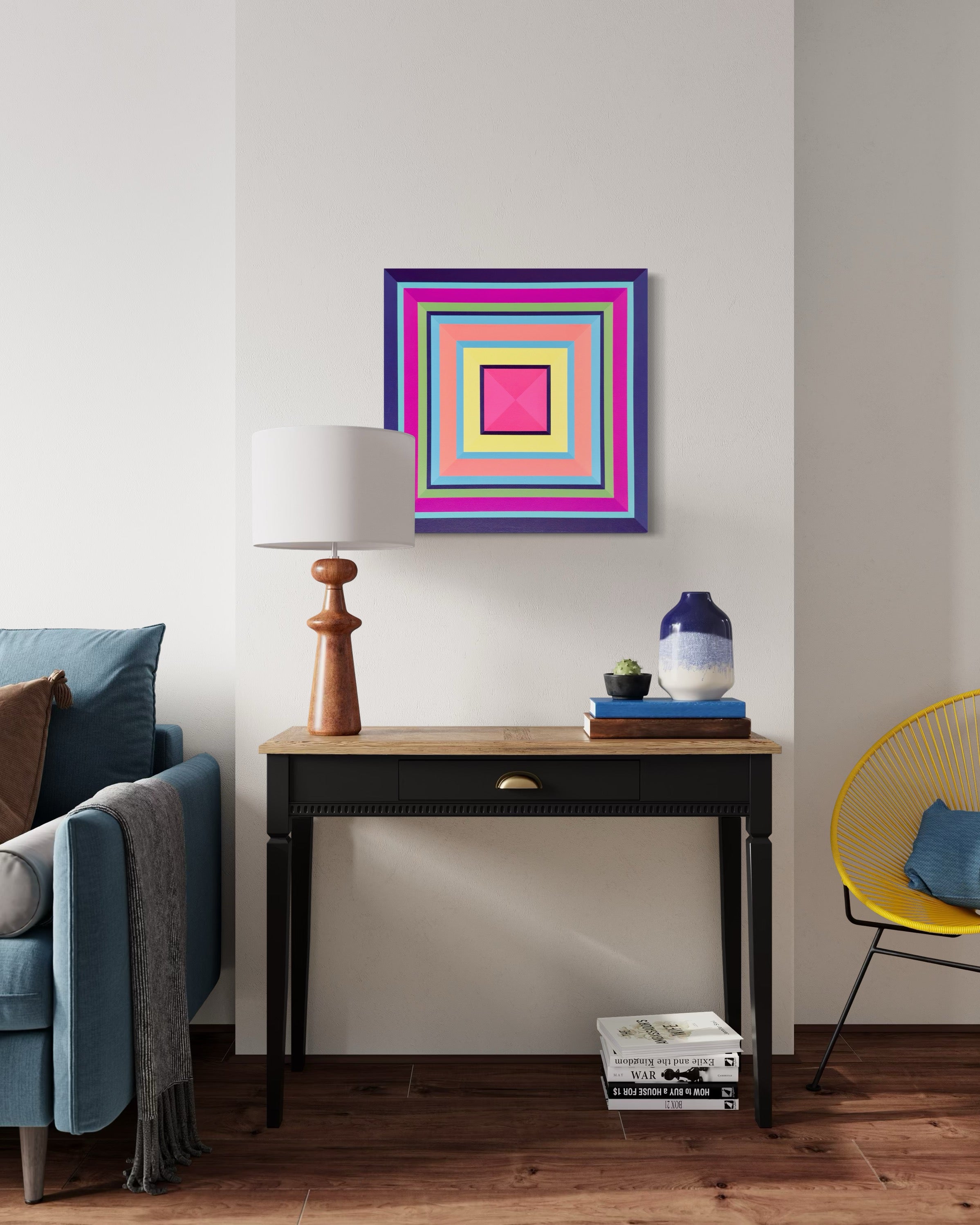 Modern living room with a colorful abstract painting on the wall, a lamp, and a chair.