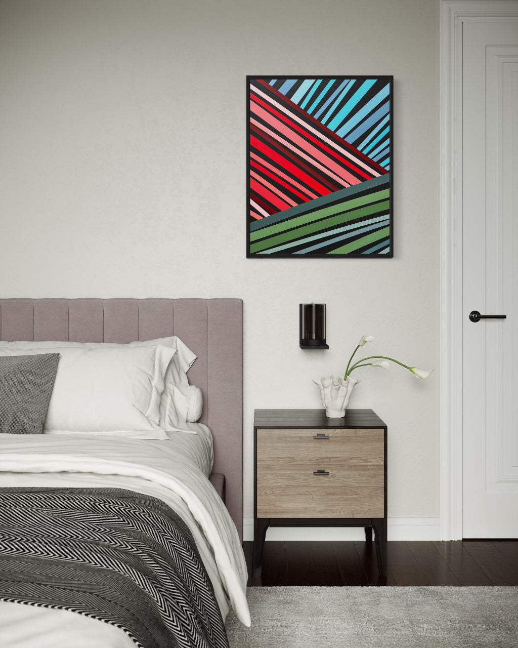 Modern bedroom with a colorful abstract painting on the wall.