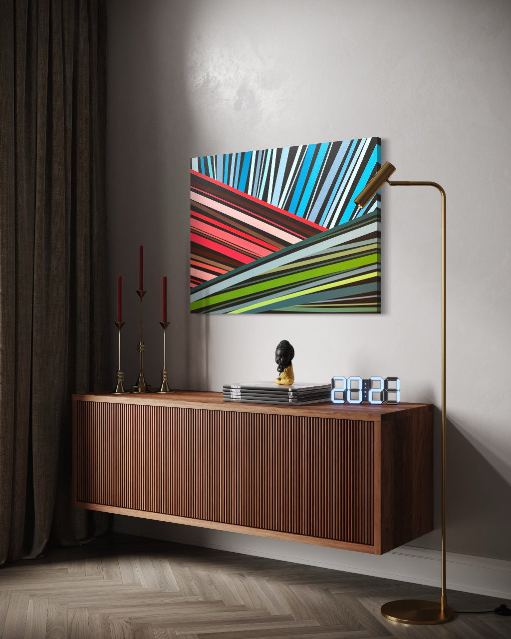 Modern interior with a wooden sideboard, abstract painting, and decorative items.