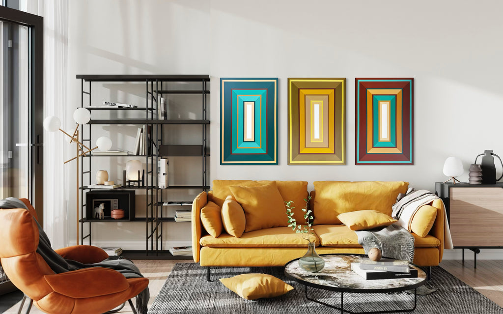 Modern living room with a yellow sofa, orange armchair, and colorful wall art.