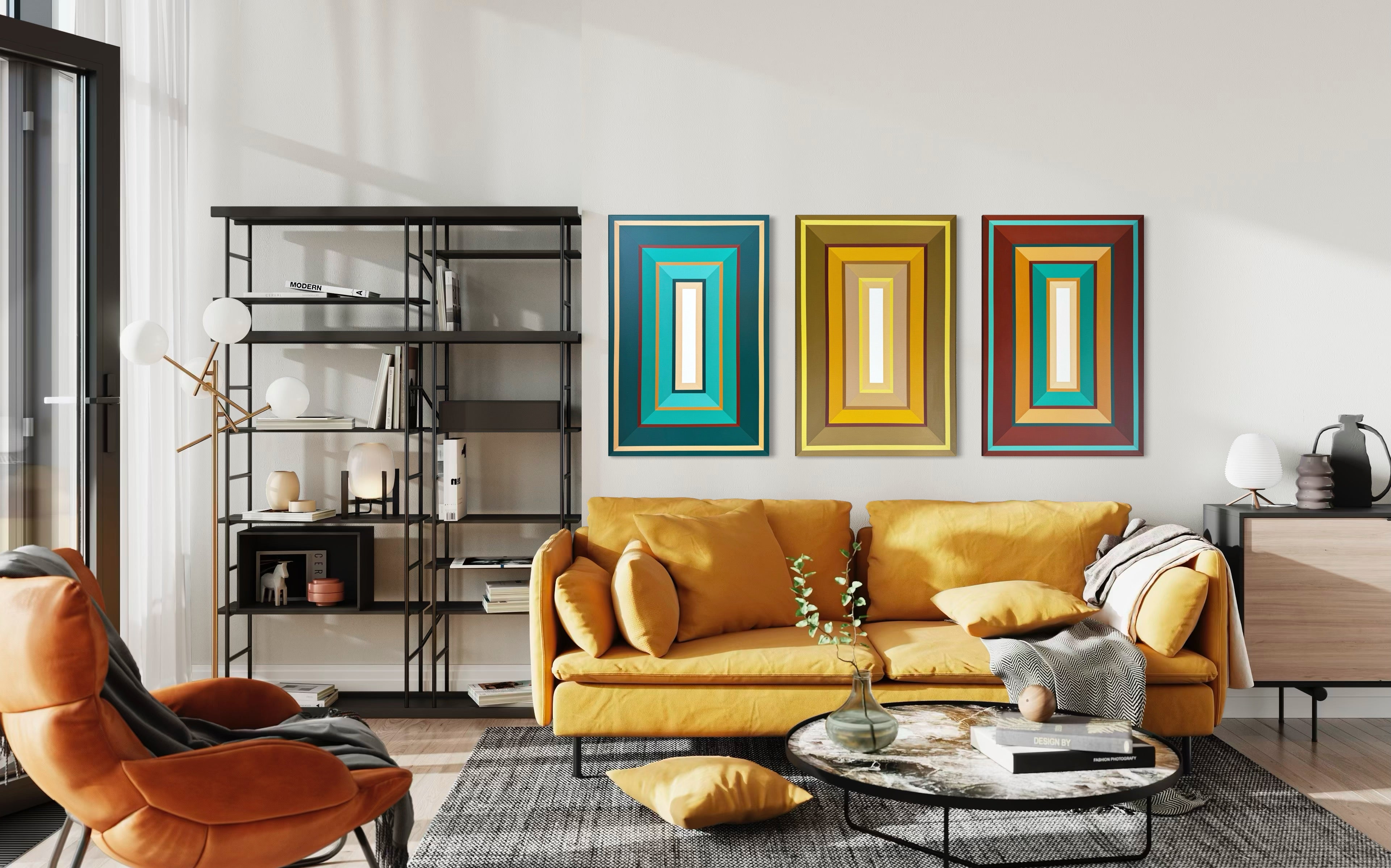 Modern living room with a yellow sofa, orange armchair, and colorful wall art.