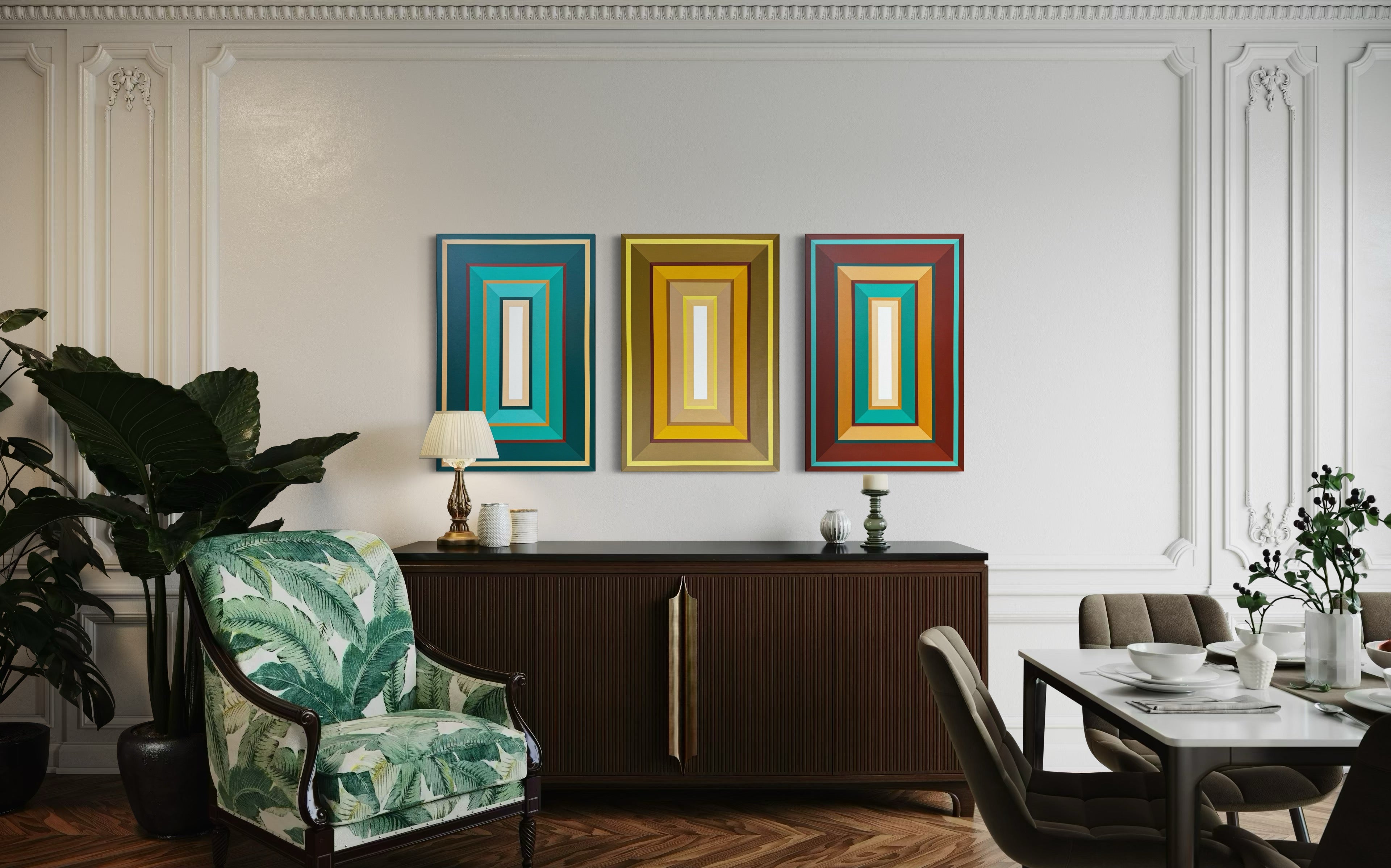 Living room with decorative chairs, a sideboard, and wall art.