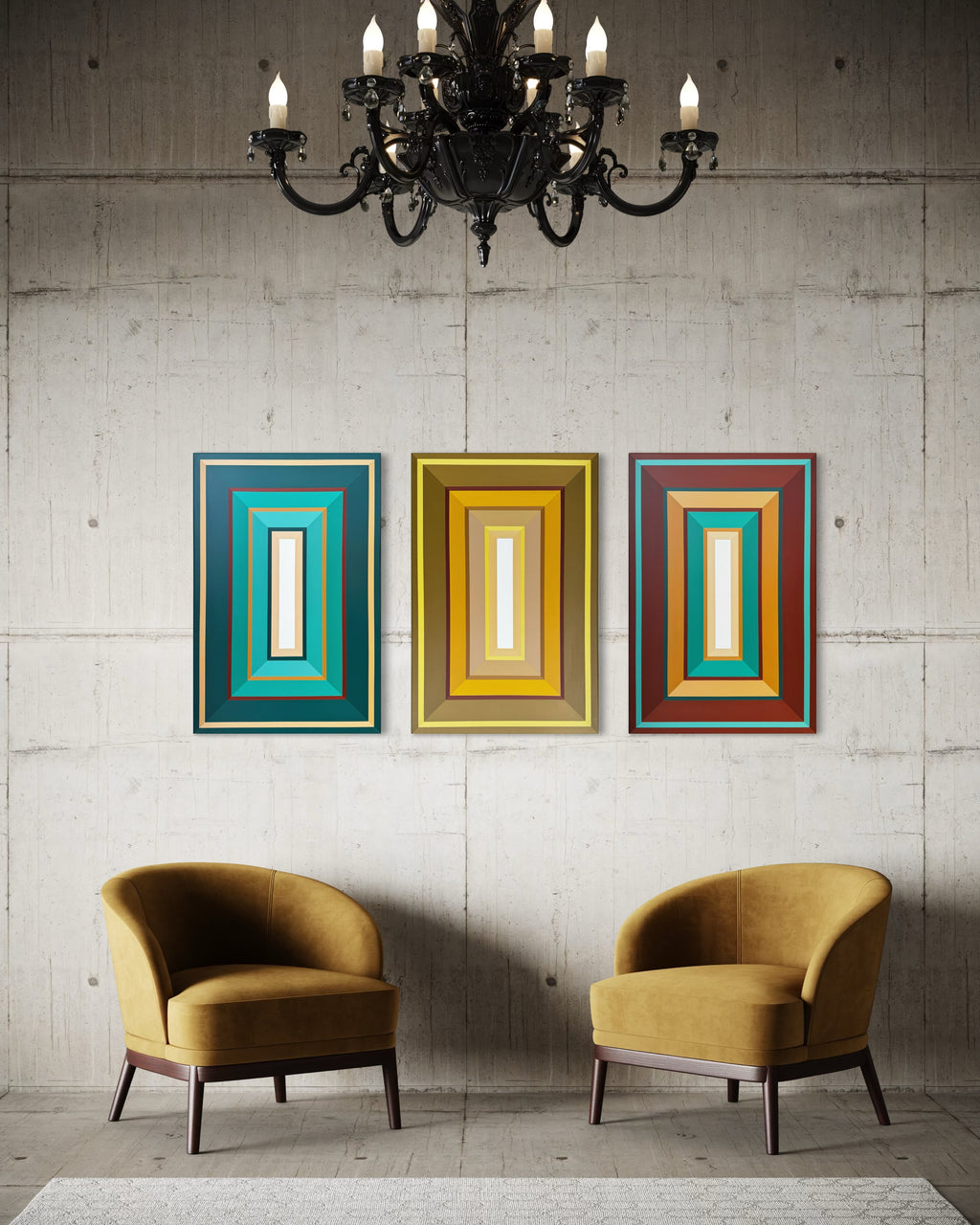 Three colorful abstract paintings on a concrete wall with two mustard yellow chairs below.