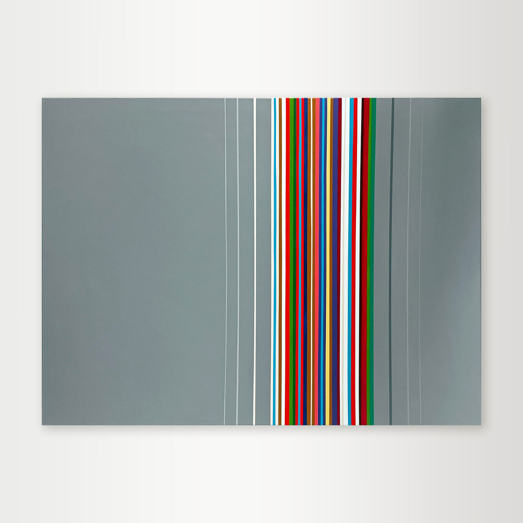 "InThisMoment" - A calming hard-edge geometric abstract by Elena Alexander, composed of colorful vertical stripes on a neutral grey background.