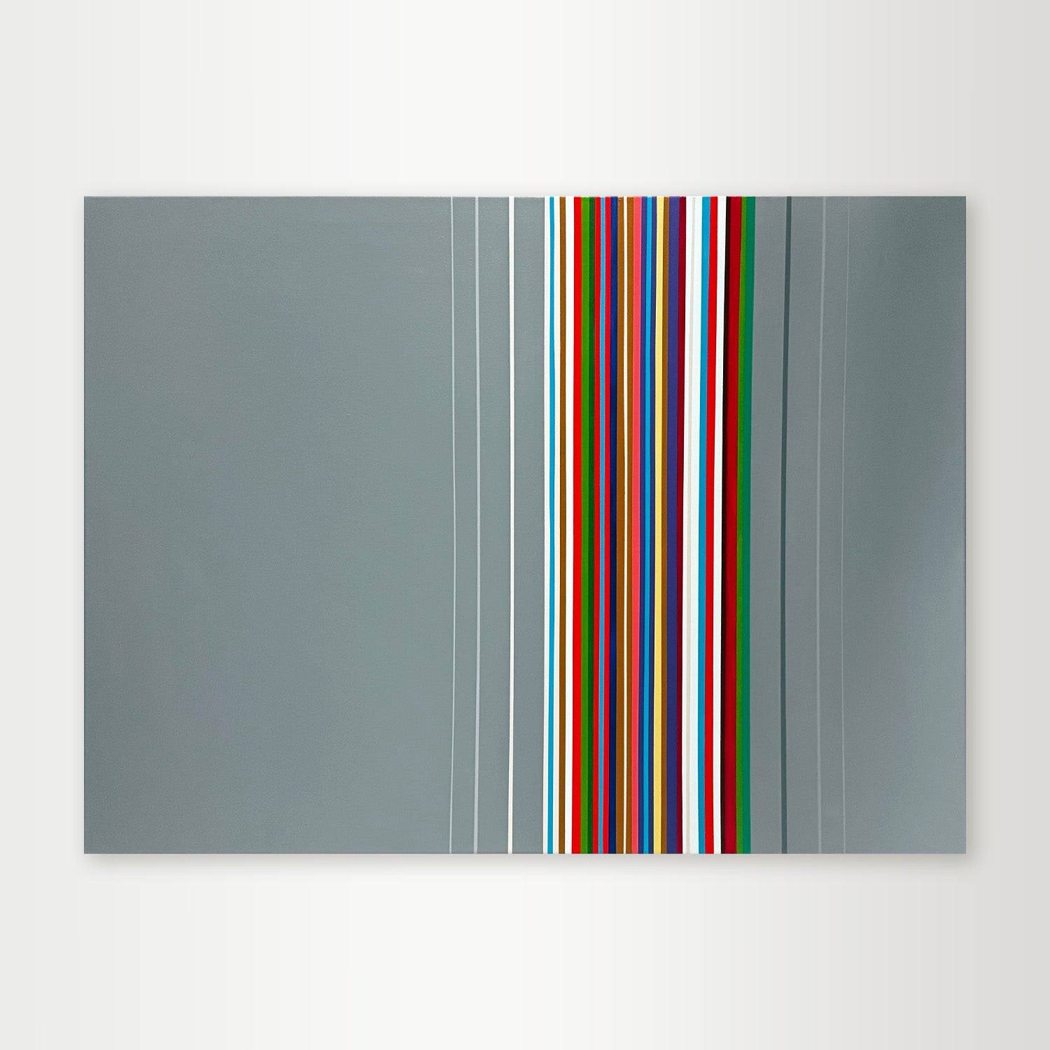 "InThisMoment" - A calming hard-edge geometric abstract by Elena Alexander, composed of colorful vertical stripes on a neutral grey background.