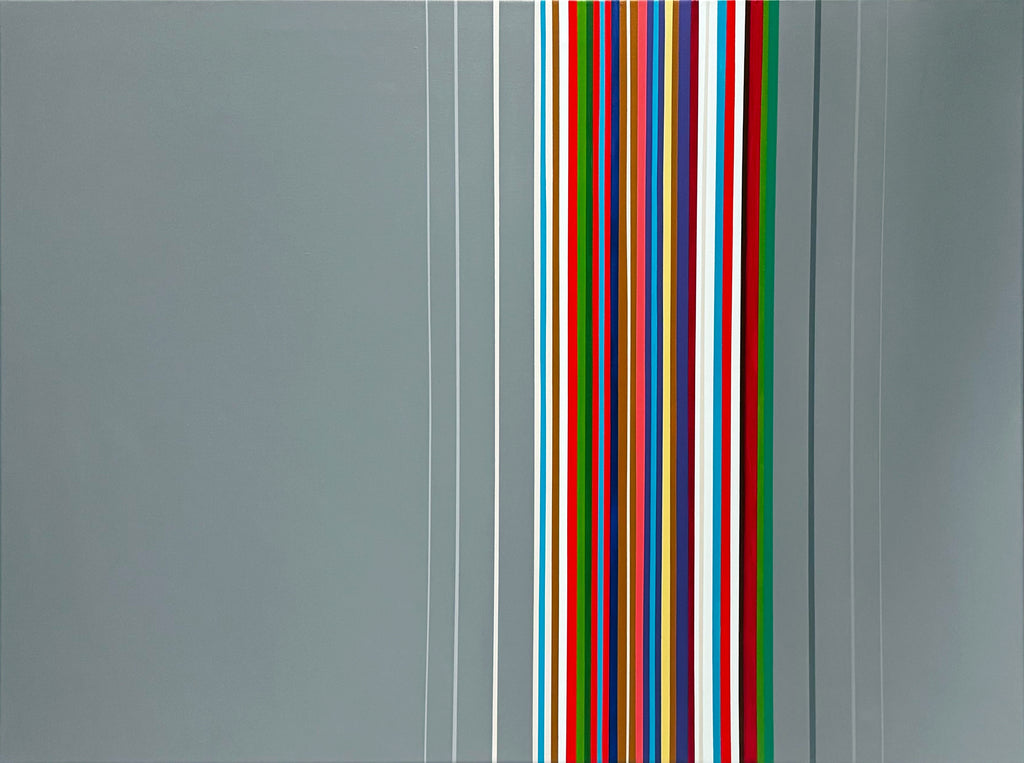 Geometric hard-edge abstract painting ‘In This Moment’ by Elena Alexander, vertical multicolor stripes set against layered gray background, acrylic on canvas.”