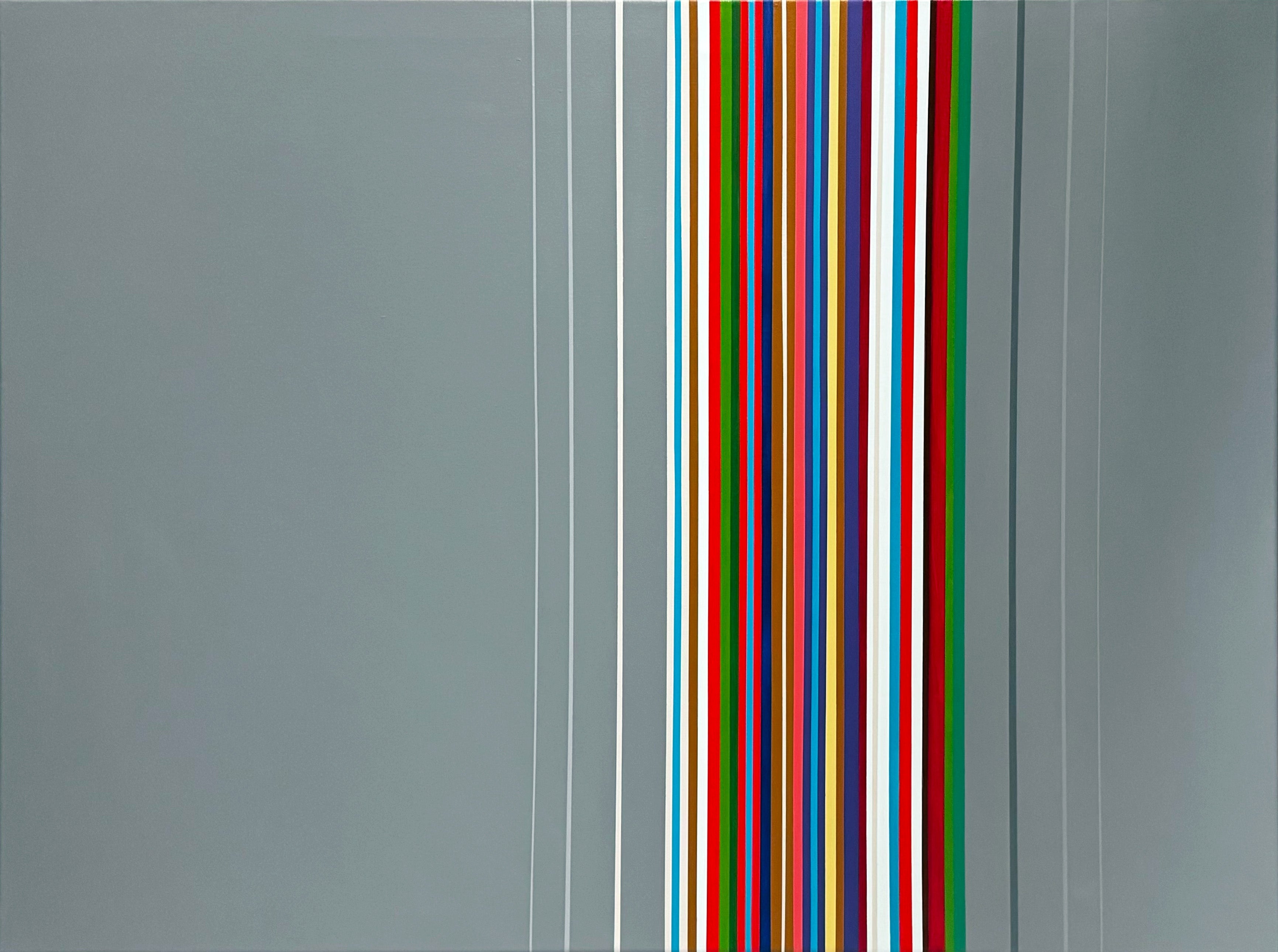 Geometric hard-edge abstract painting ‘In This Moment’ by Elena Alexander, vertical multicolor stripes set against layered gray background, acrylic on canvas.”