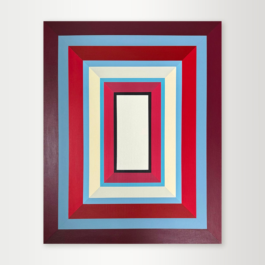 "Lady in Red" - Original hard-edge geometric abstract by Elena Alexander featuring vertical rectangles in deep reds, blues, and creams that create a sense of depth.