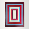 "Lady in Red" - Original hard-edge geometric abstract by Elena Alexander featuring vertical rectangles in deep reds, blues, and creams that create a sense of depth.