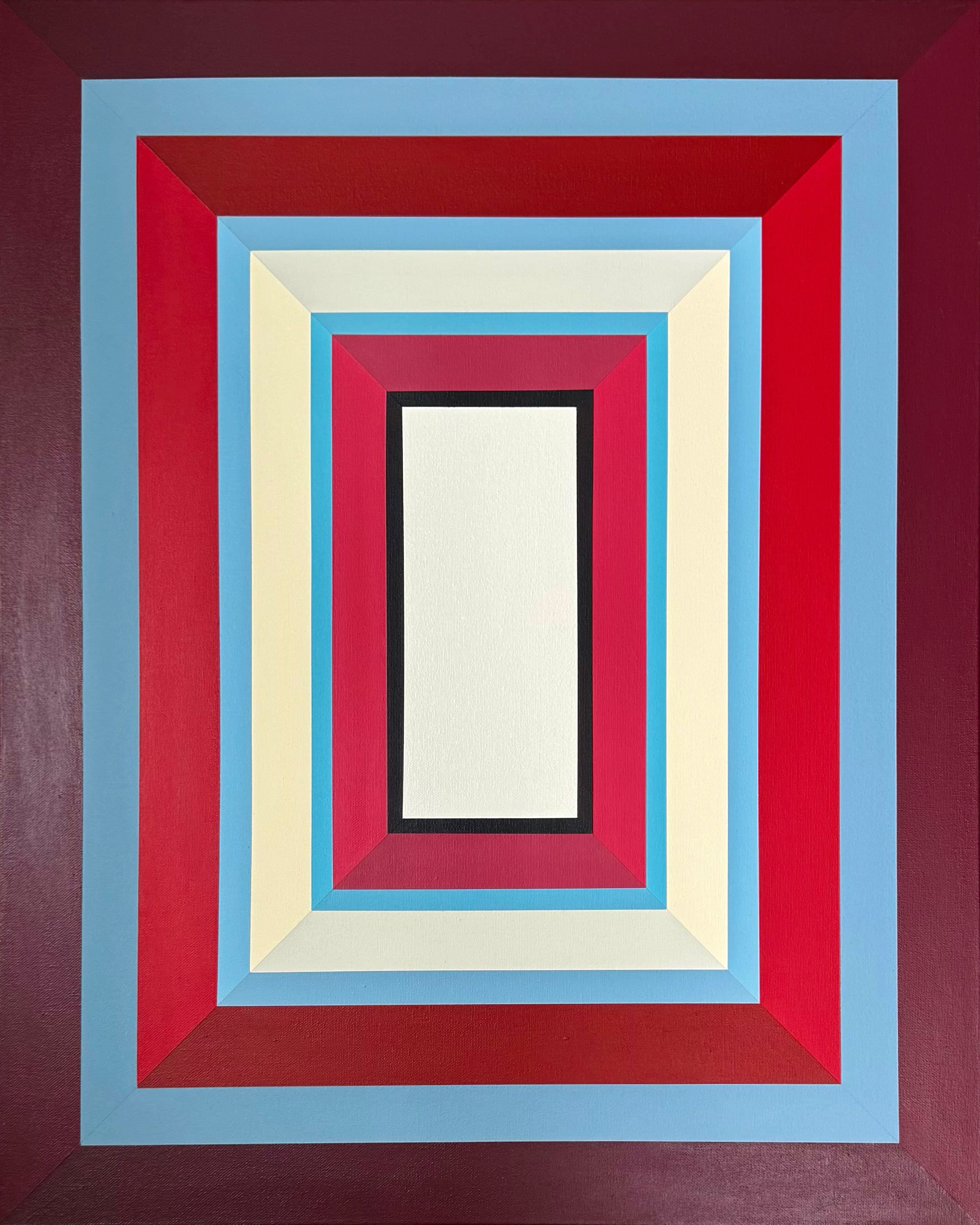 A full, straight-on view of the "Lady in Red" painting, showcasing the bold crimson outer frame and the contrasting cool blue and warm cream inner layers.