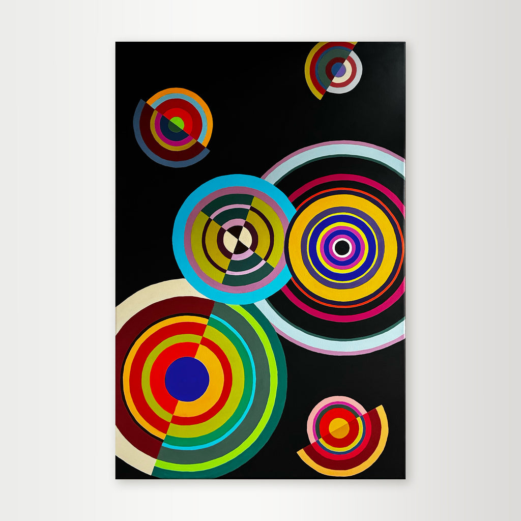 "Moving-Targets" - A playful hard-edge geometric abstract by Elena Alexander, featuring colorful concentric circles in orange, blue, and green that resemble targets on a black background.