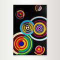 "Moving-Targets" - A playful hard-edge geometric abstract by Elena Alexander, featuring colorful concentric circles in orange, blue, and green that resemble targets on a black background.
