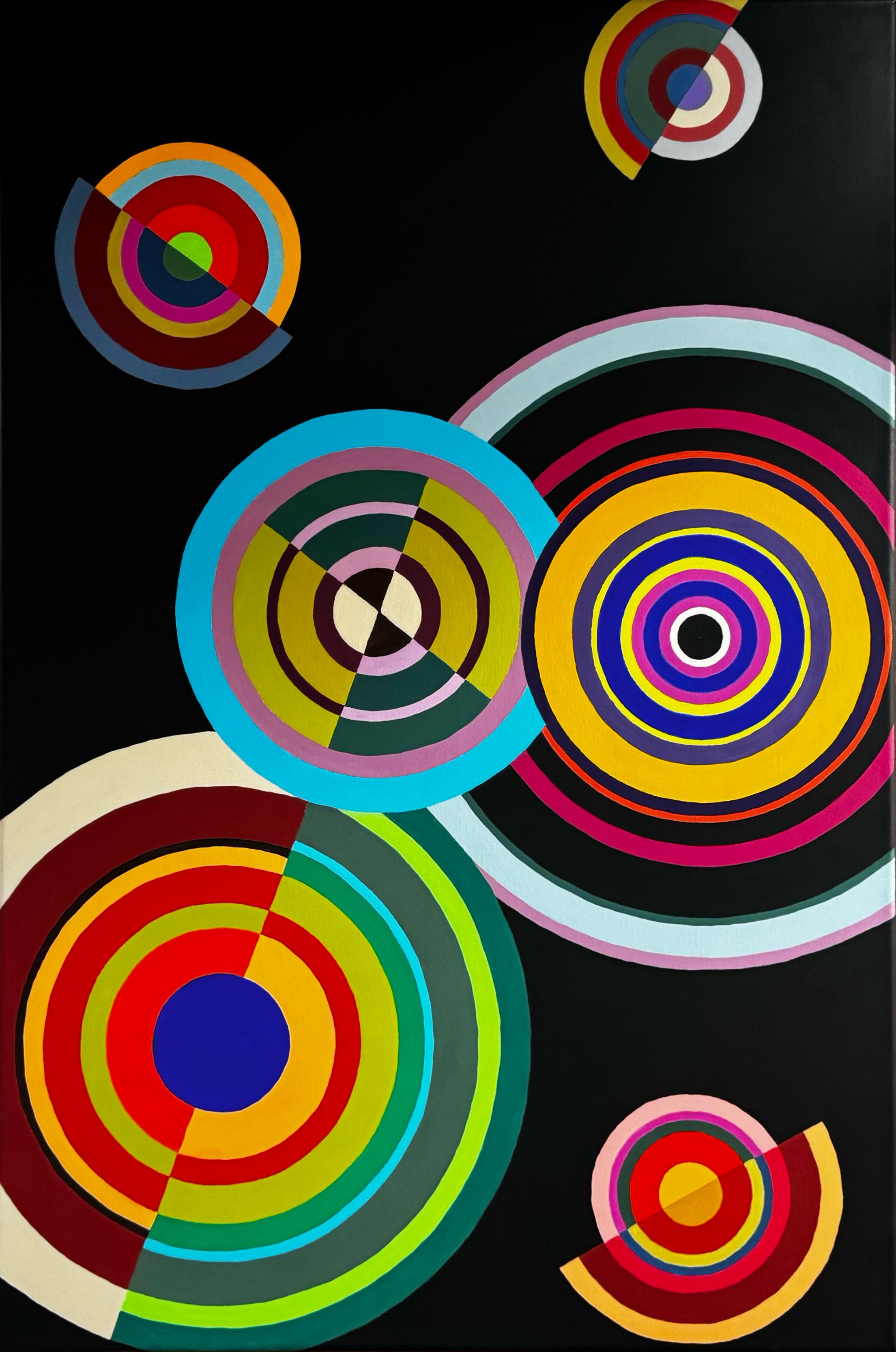 ‘Moving Targets’ hard-edge abstract painting with bold concentric circles in vibrant colors by Elena Alexander.