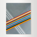 "My-Way" - A hard-edge geometric abstract by Elena Alexander, featuring wide diagonal bands of grey, blue, and orange that create a sense of pathway and direction.