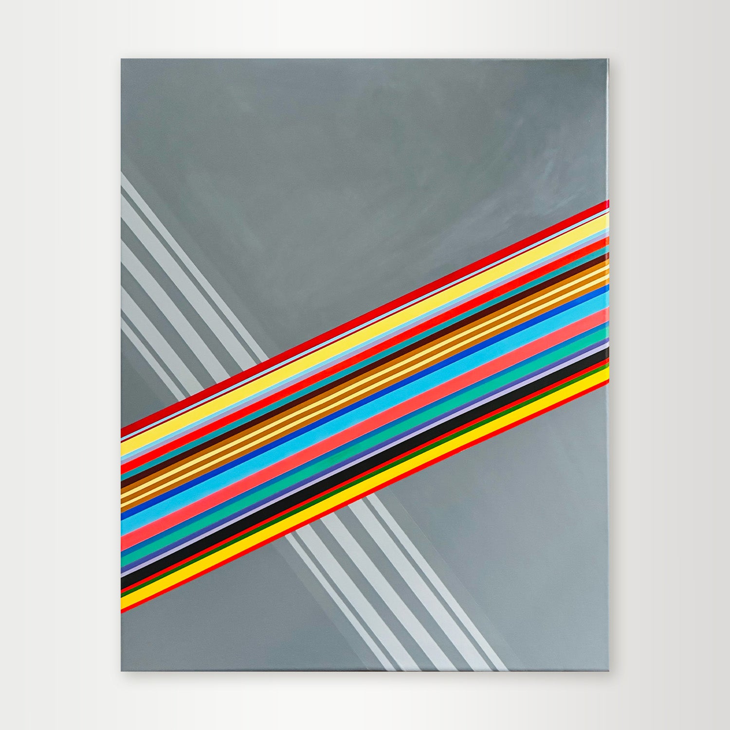 "My-Way" - A hard-edge geometric abstract by Elena Alexander, featuring wide diagonal bands of grey, blue, and orange that create a sense of pathway and direction.