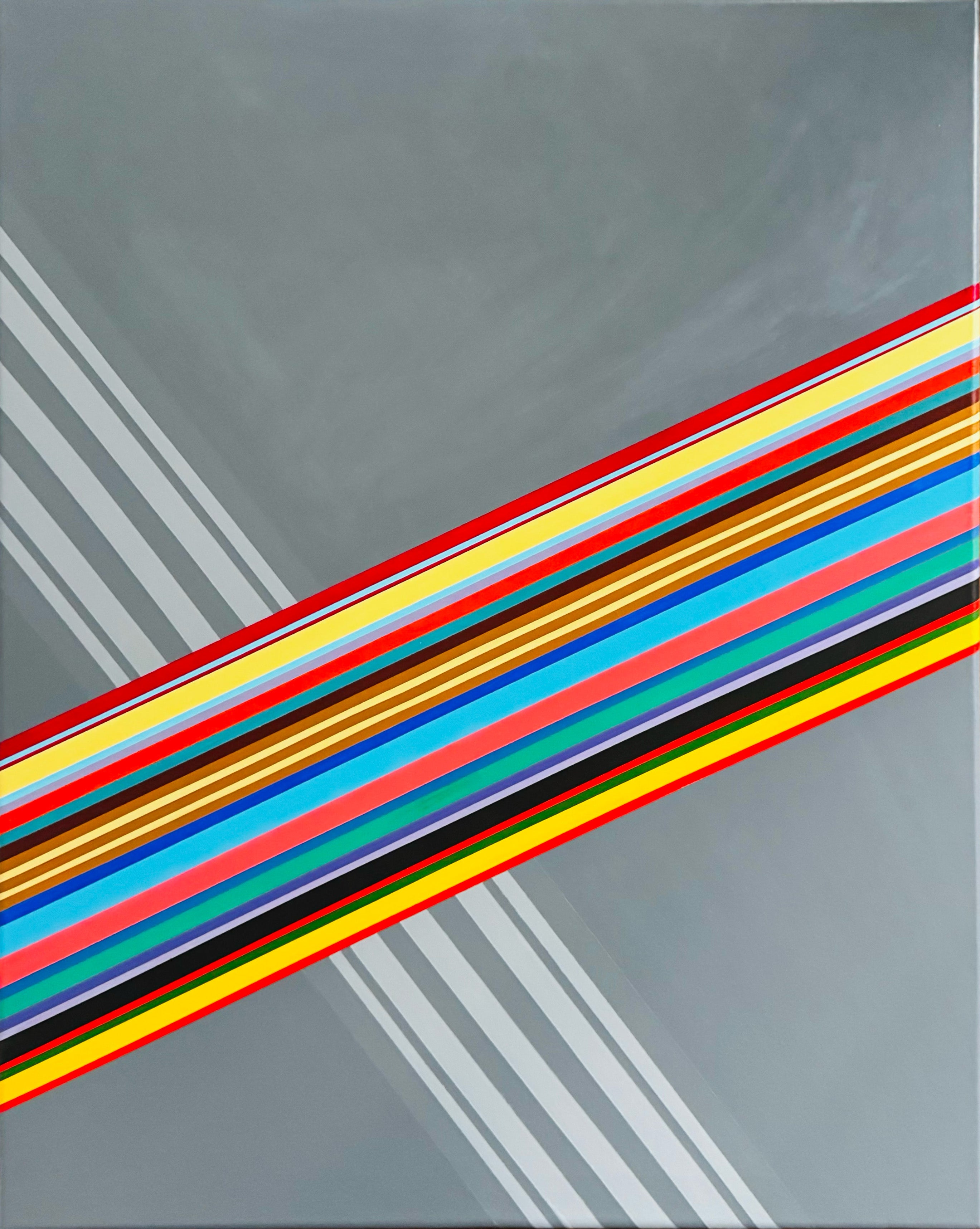 “‘My Way’ hard-edge geometric abstract painting with bold diagonal stripes on gray by Elena Alexander.