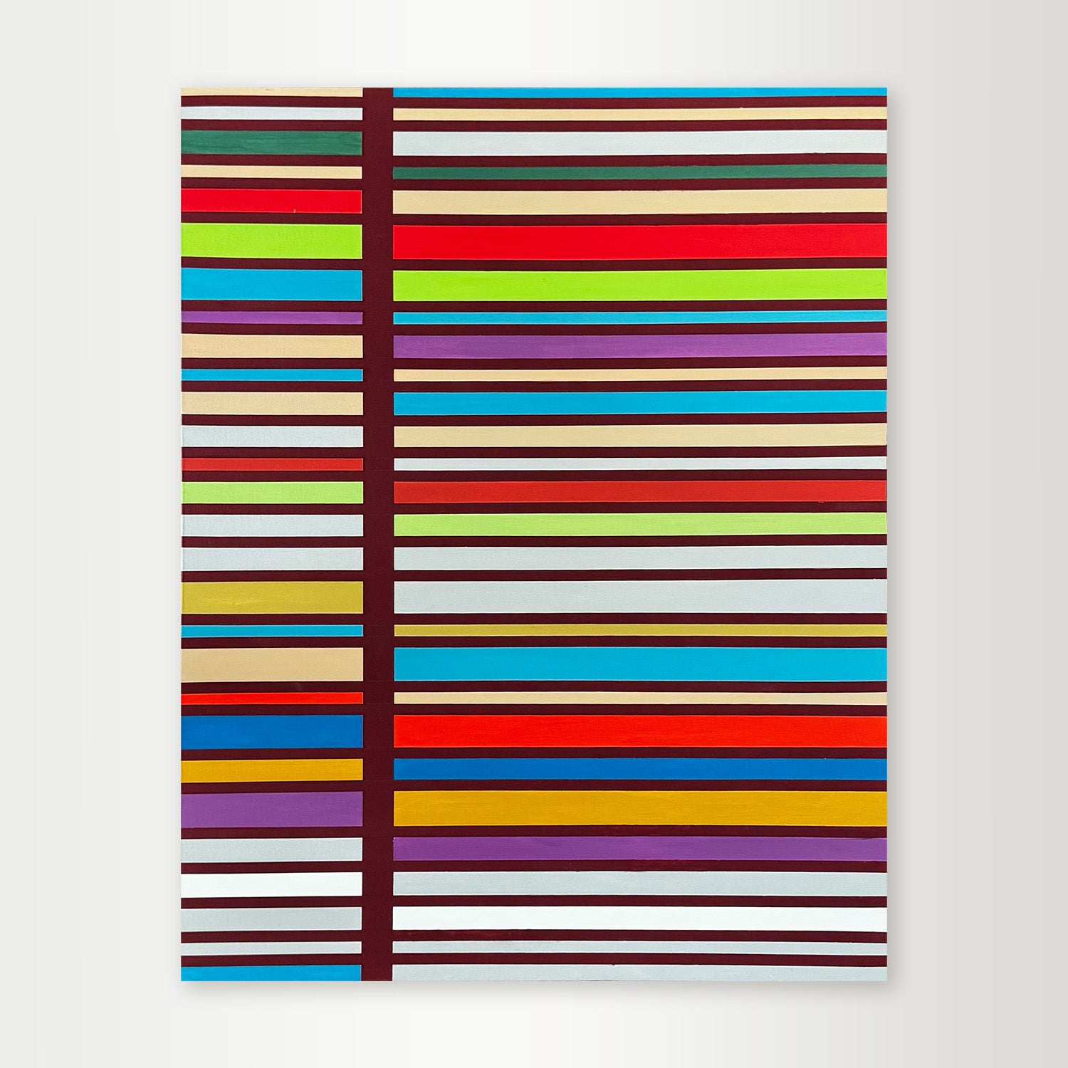 "One-Step-Ahead" - A hard-edge geometric abstract by Elena Alexander, composed of a vibrant sequence of horizontal stripes in warm reds and yellows that create a feeling of forward movement.