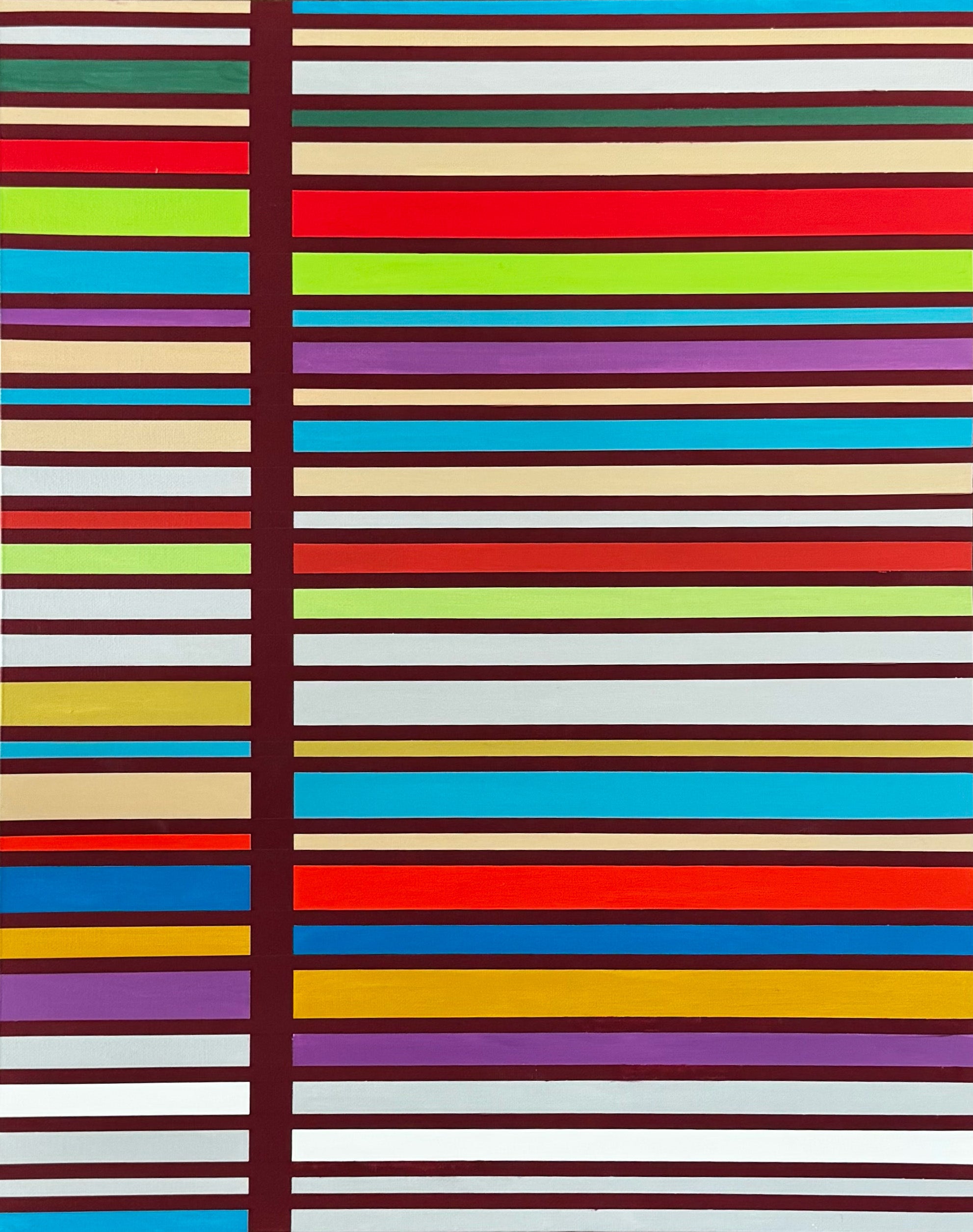 Hard-edge geometric abstract painting ‘One Step Ahead’ by Elena Alexander, horizontal bands of red, blue, green, purple, and neutrals divided by burgundy lines, acrylic on canvas