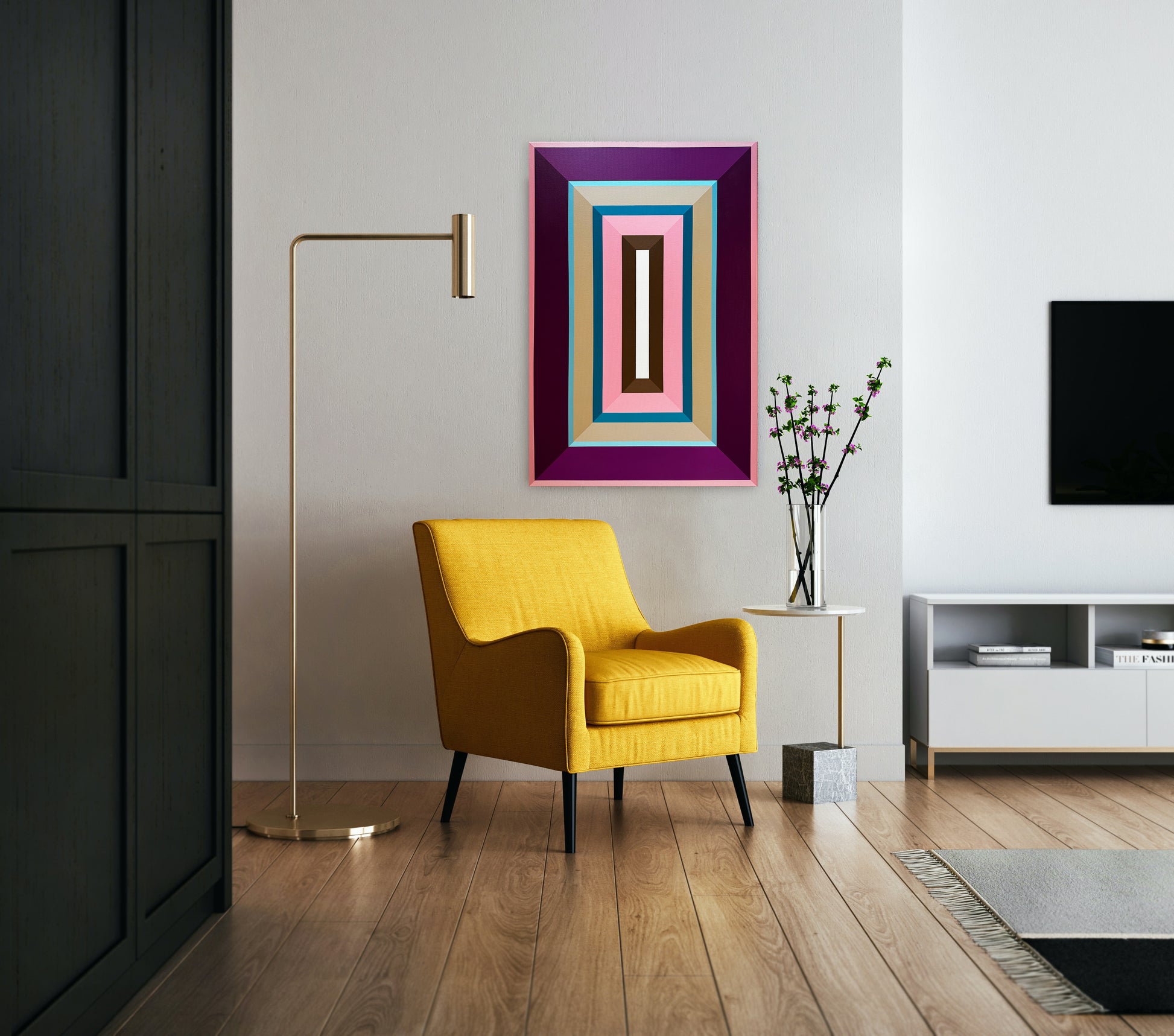 Hard edge painting by Elena Alexander featuring concentric rectangles in deep purple, pink, and turquoise. Modern geometric artwork displayed over yellow accent chair, complementing contemporary room design with brass floor lamp. Clean lines and flat color create bold architectural presence