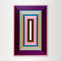  "Pink-Bubble-Gum" - A vibrant hard-edge geometric abstract by Elena Alexander, featuring playful layers of pink, green, and cream inside a deep purple frame.