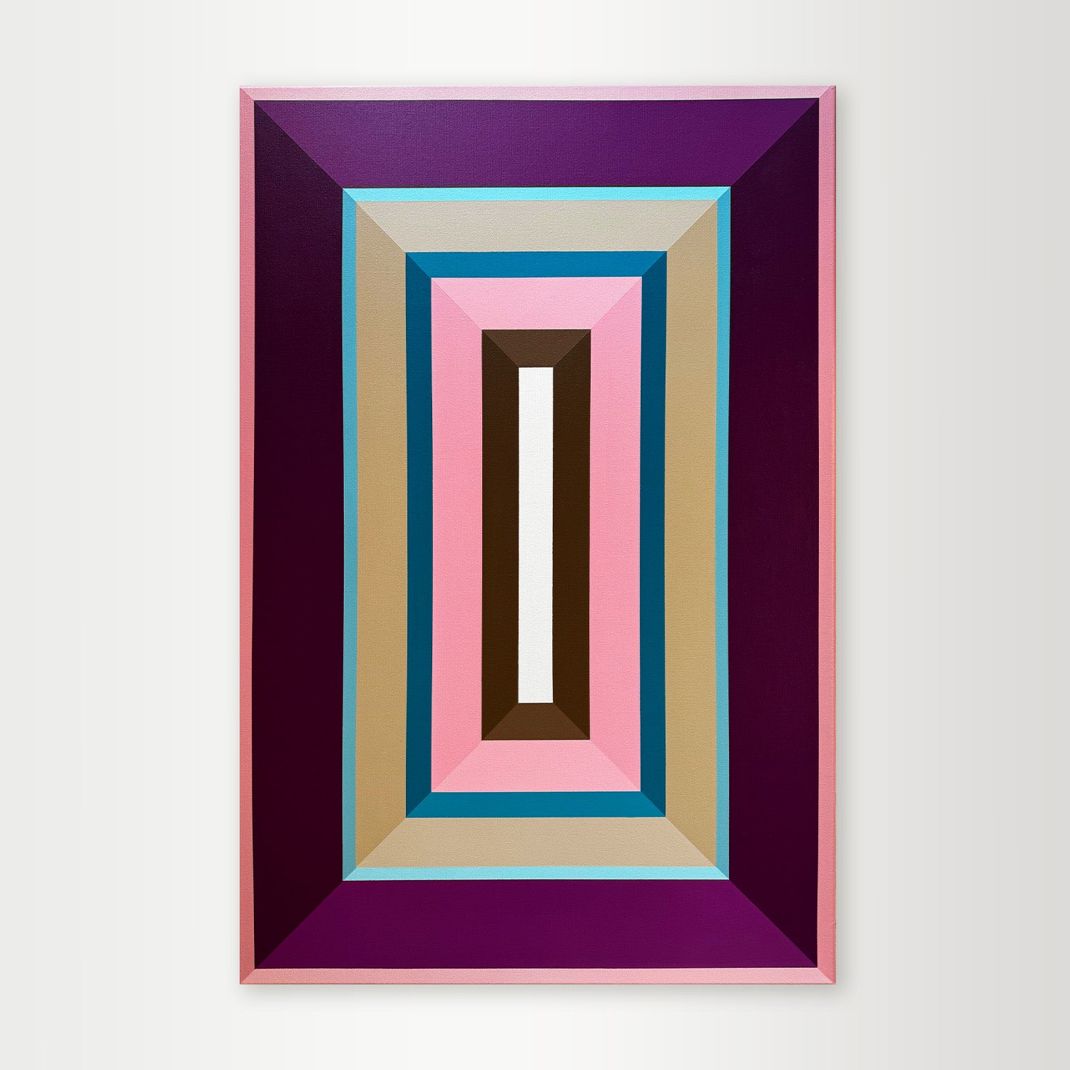  "Pink-Bubble-Gum" - A vibrant hard-edge geometric abstract by Elena Alexander, featuring playful layers of pink, green, and cream inside a deep purple frame.
