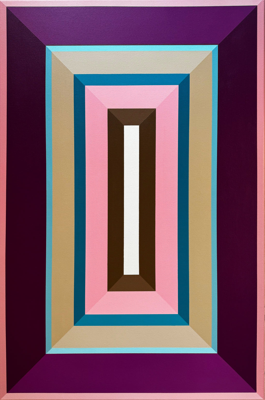  A high-contrast studio shot of the "Pink-Bubble-Gum" painting, highlighting its bold purple border and energetic color palette of pink and blue.