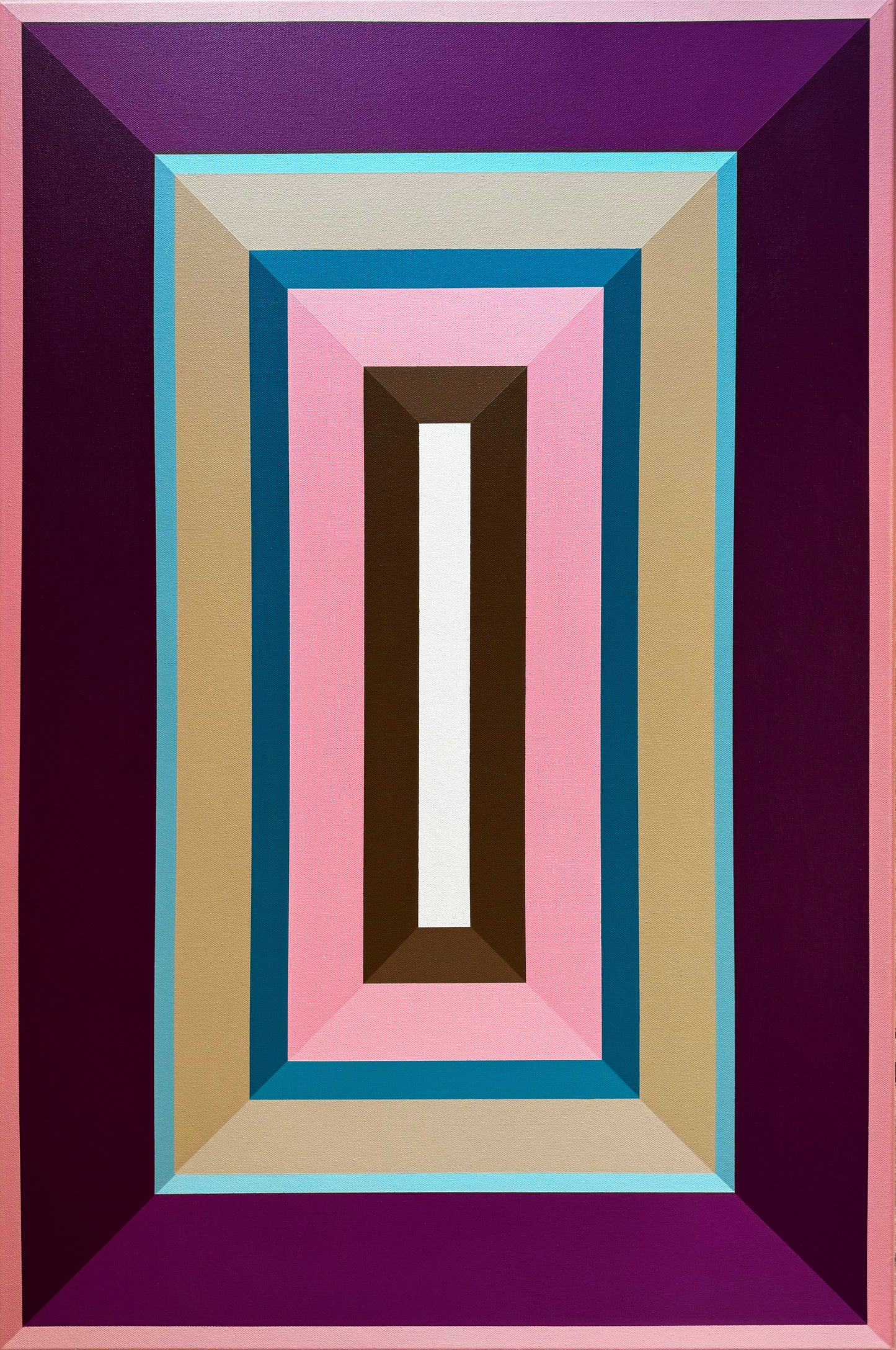 "Pink Bubble Gum" is a striking geometric abstract painting that draws the eye with its bold use of color and shape. The composition features a series of nested rectangles in vibrant hues, creating a mesmerizing tunnel-like effect that pulls the viewer's gaze towards the central white rectangle. The color palette is dominated by shades of purple, pink, and blue, with accents of beige and brown, evoking a retro yet contemporary feel.
This piece would appeal to lovers of hard-edge painting, Op Art,