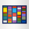 "Pulse-Patterns" - A vibrant hard-edge geometric abstract by Elena Alexander, featuring a rhythmic grid of multi-colored blocks in blue, red, yellow, and green.